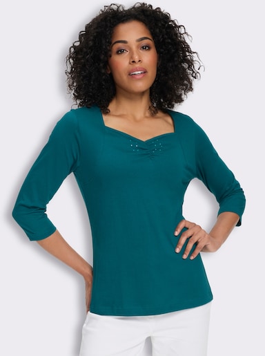 3/4-Arm-Shirt mit Herz-Ausschnitt, Baumwolle - aquapetrol