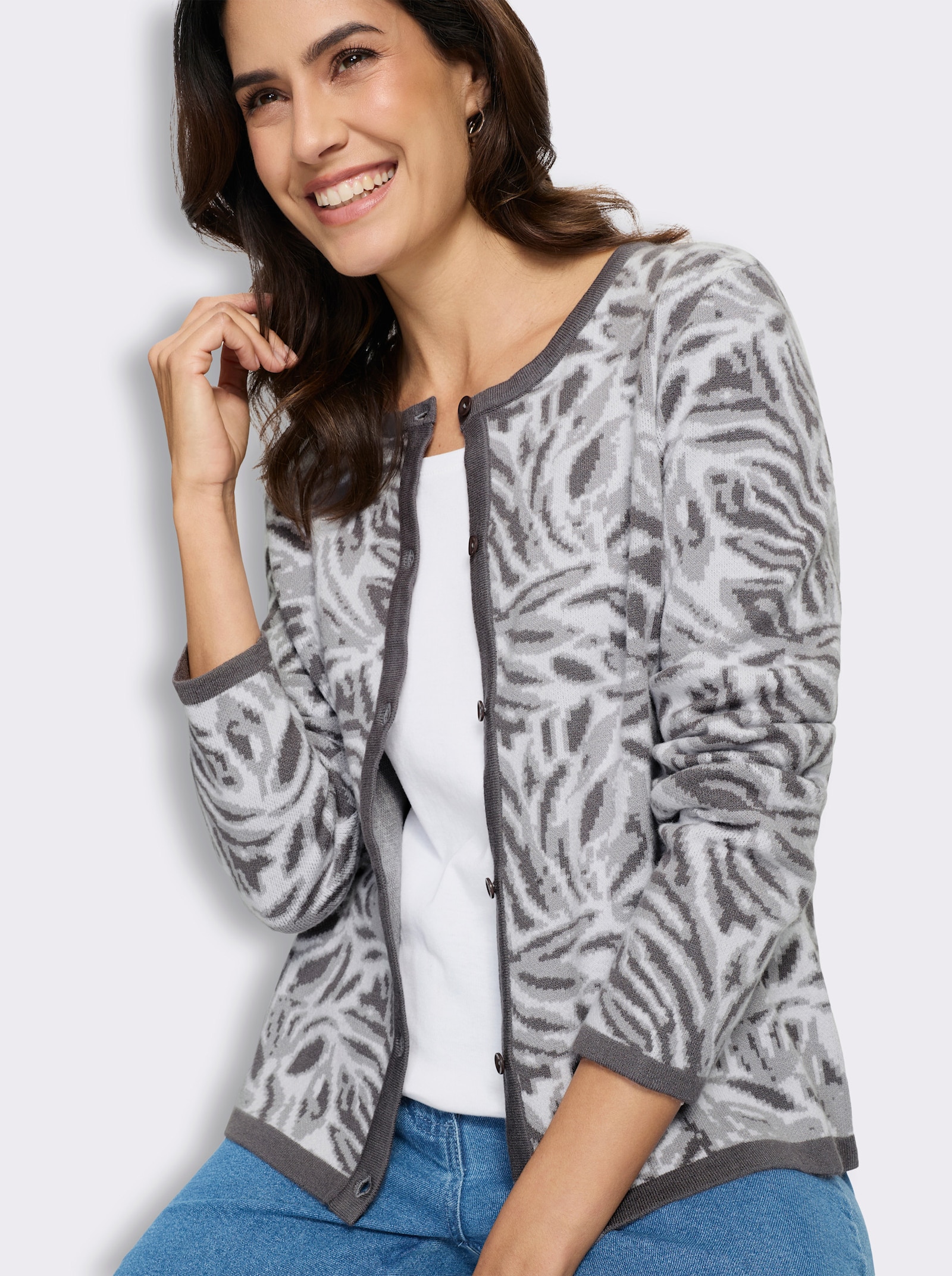  Jacquardstrickjacke mit floralem Allovermuster - anthrazit-ecru-gemustert