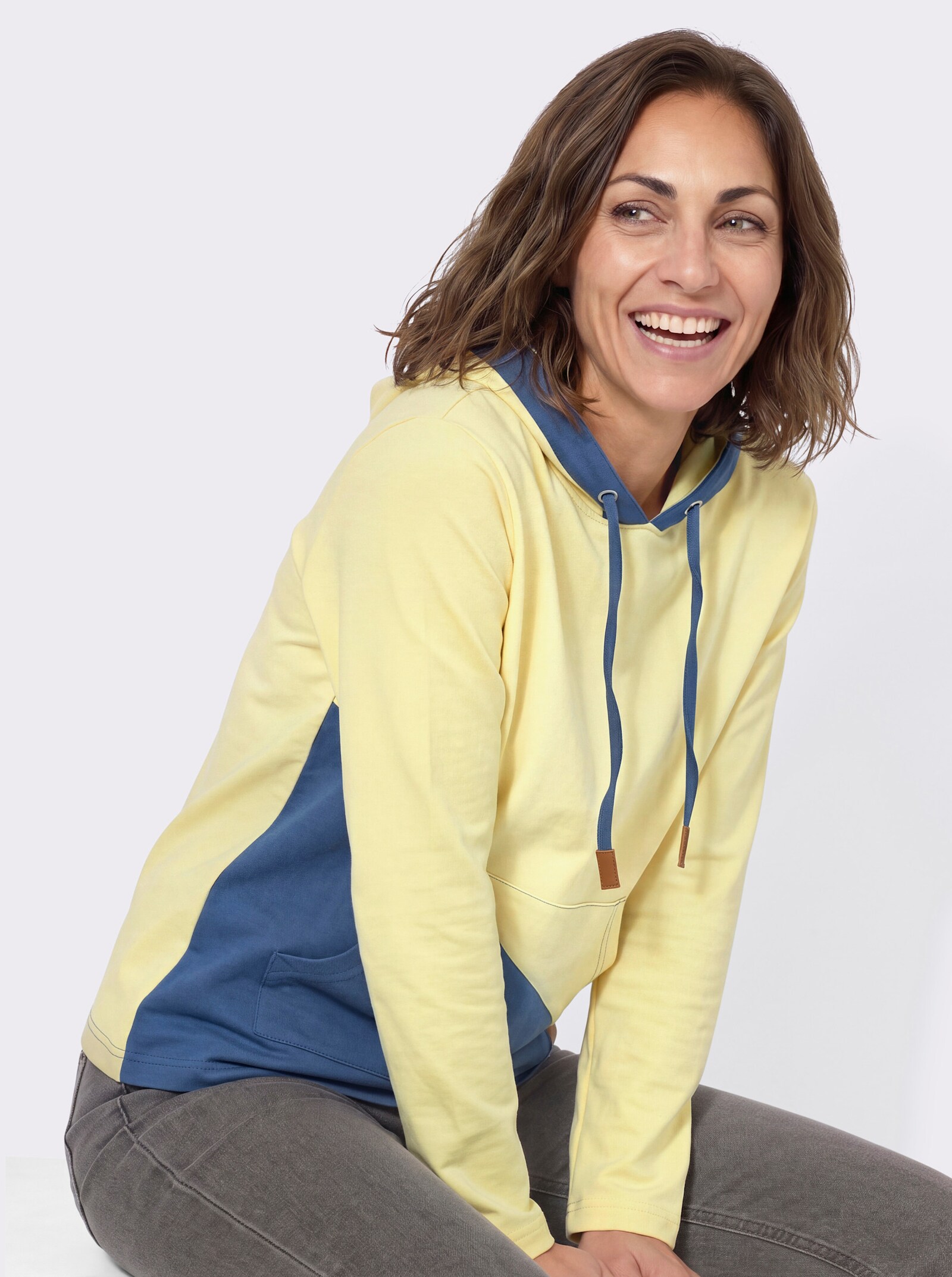 Sweatshirt mit Kapuze - zitrone-jeansblau