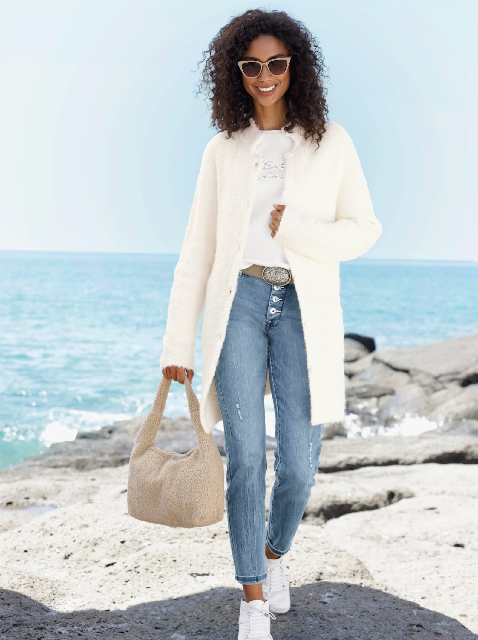 heine Lång kofta i bouclégarn - gräddvit, melerad