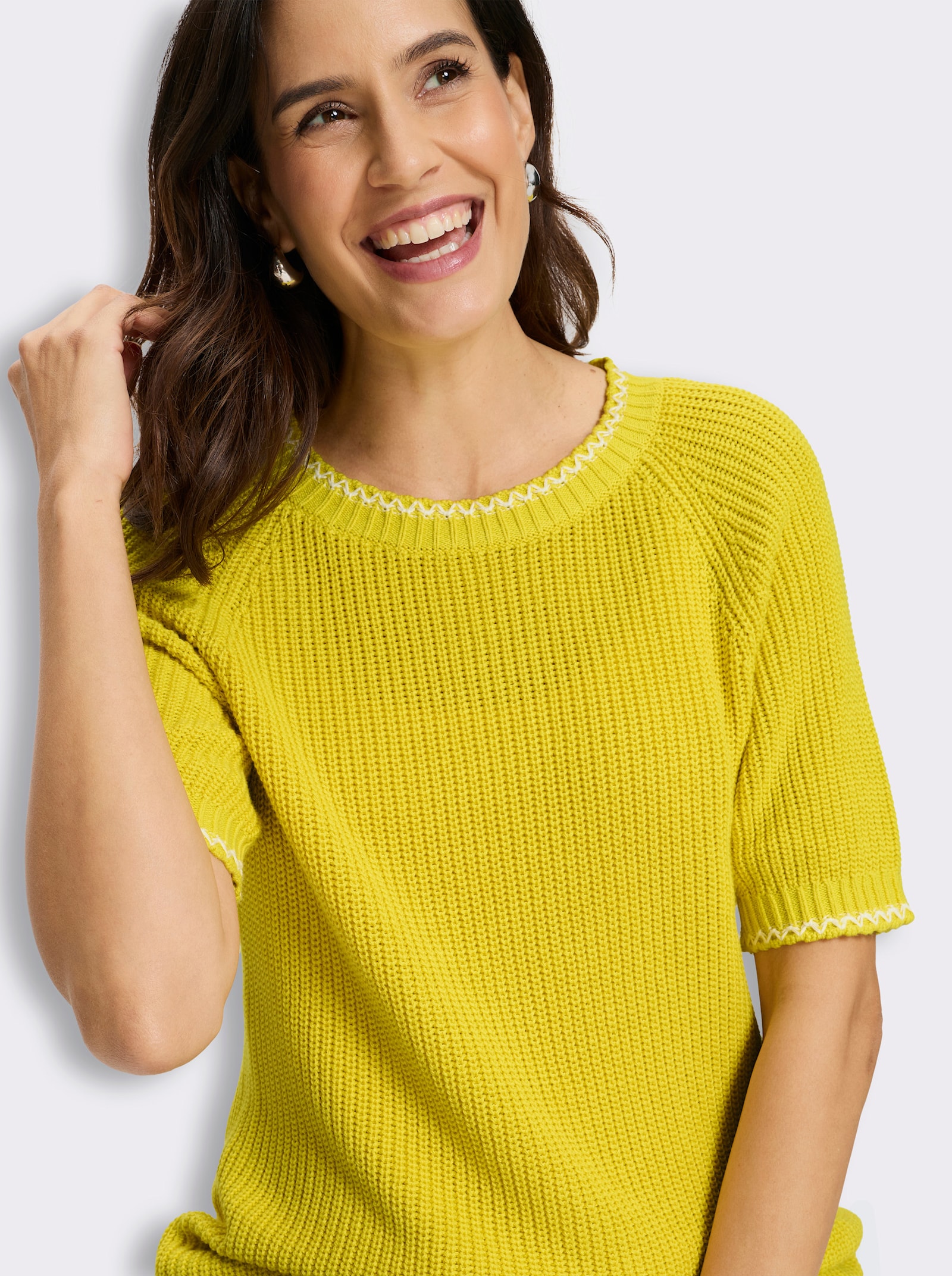Kurzarmpullover mit Kontrast-Zierstichen - limone-ecru-gemustert