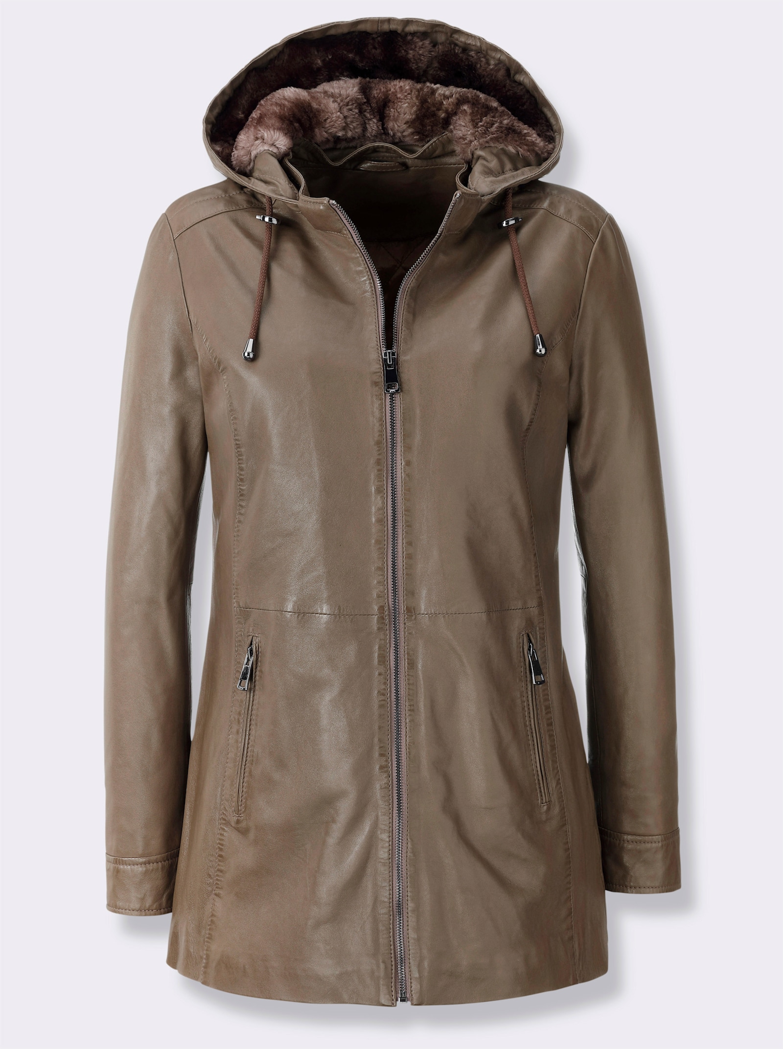 Lederjacke mit abnehmbarer Kapuze - taupe