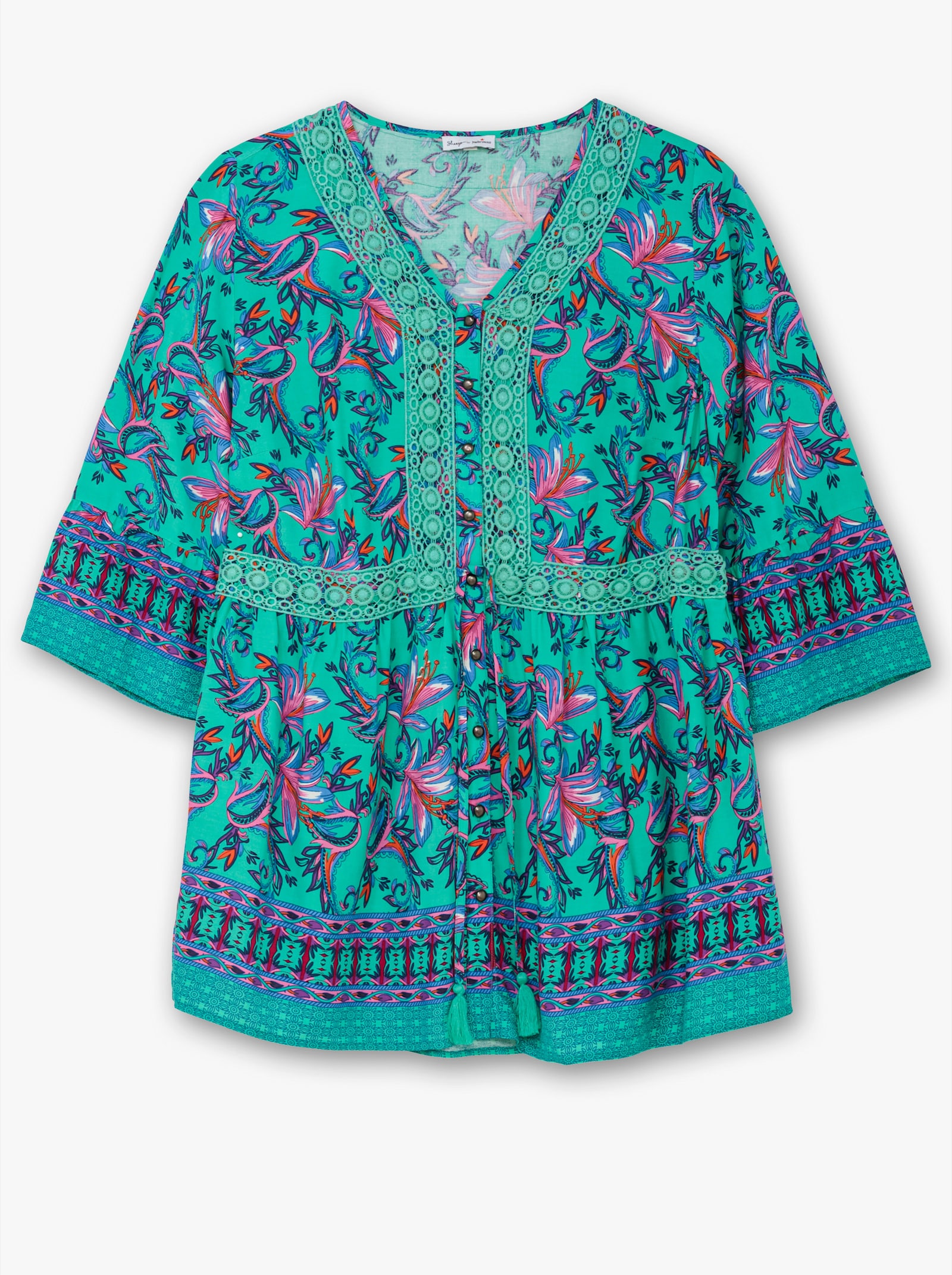 sheego by Joe Browns Longbluse im Boho-Look, mit Trompetenärmeln - aqua-gemustert