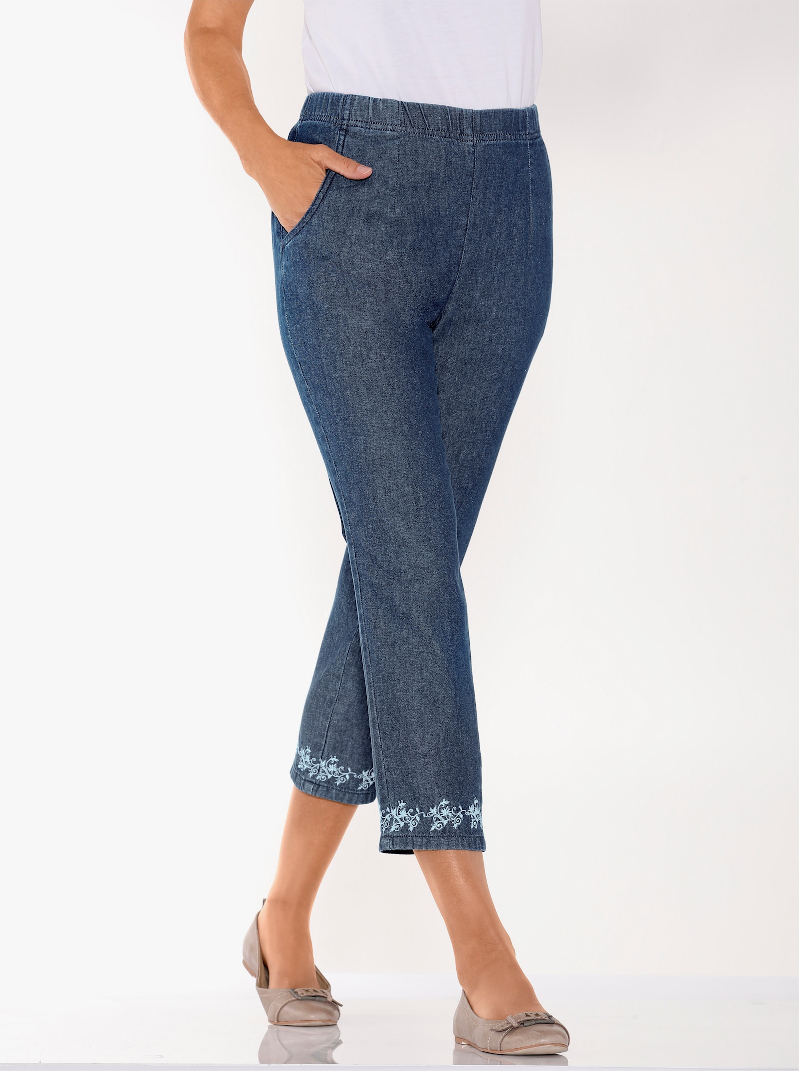 7/8-jeans met bloemenborduursel - blue-stonewashed