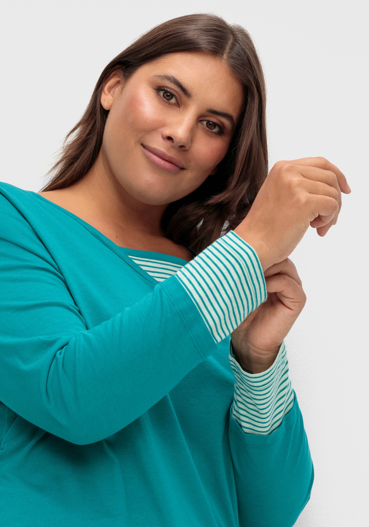 Langarmshirt mit garngefärbten Streifen - petrol