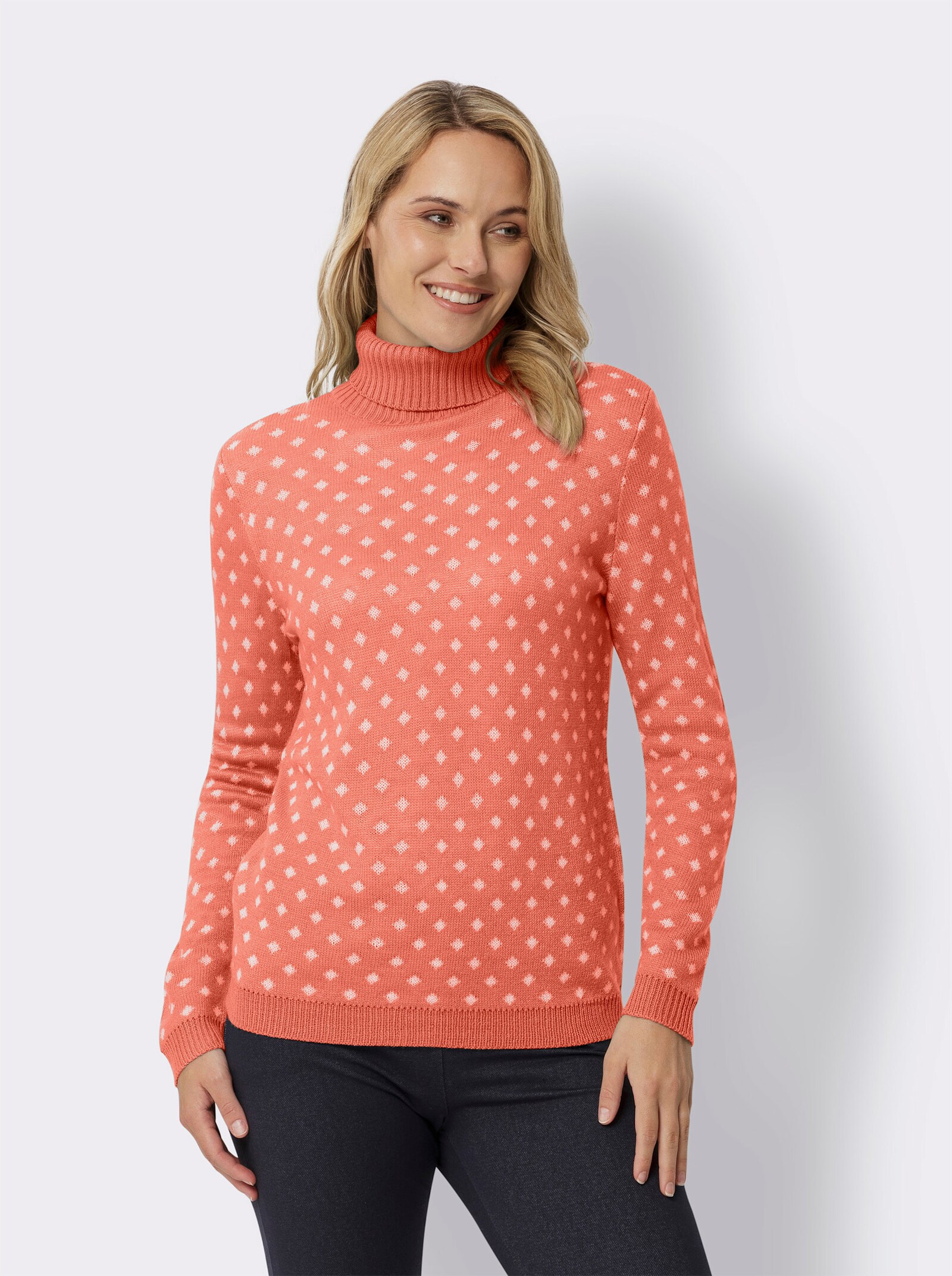 Pullover met rolkraag van jacquardtricot - grapefruit/wit gedessineerd