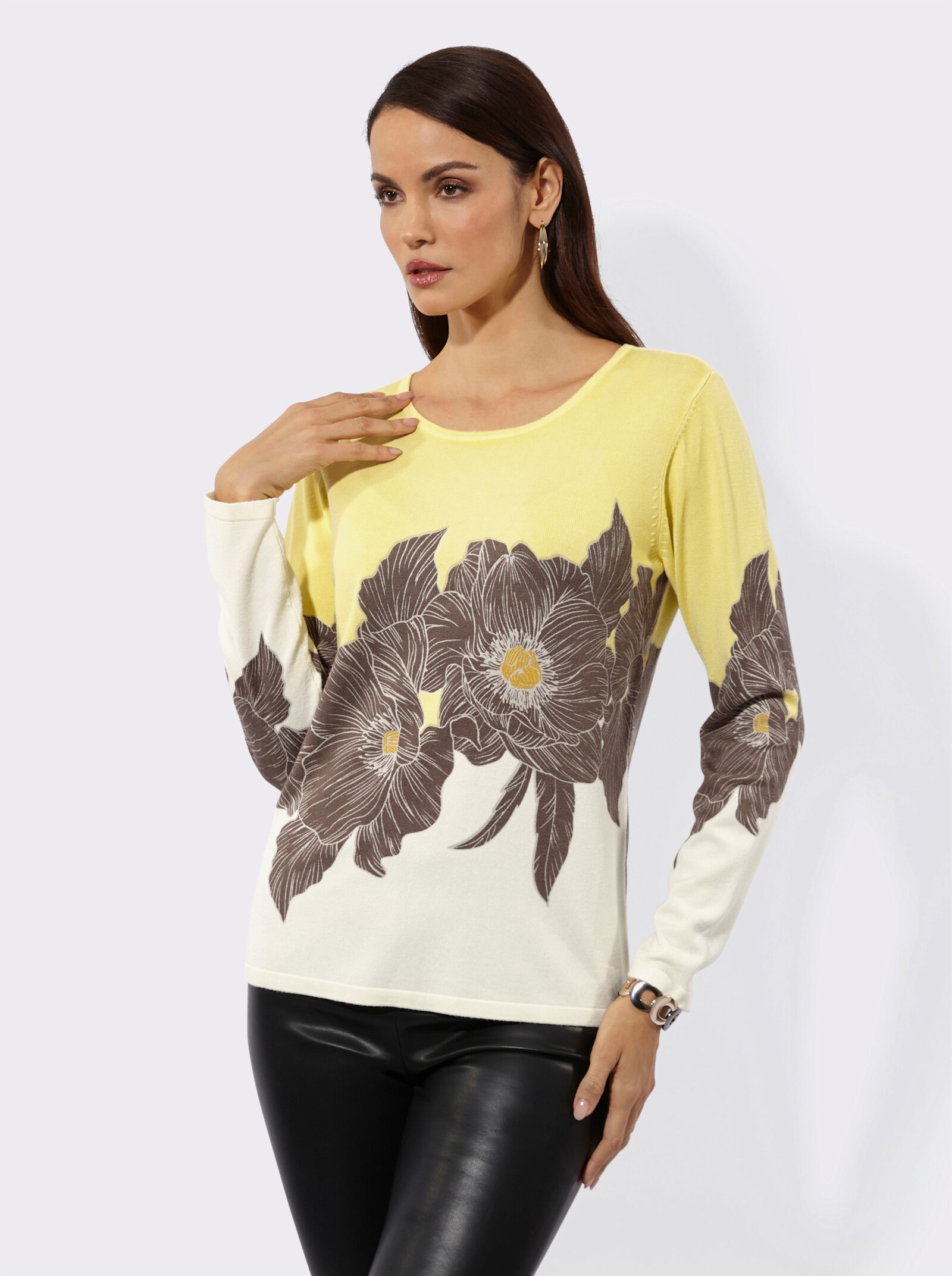 Feinstrickpullover mit Blüten-Dessin - dunkeltaupe-champagner-bedruckt