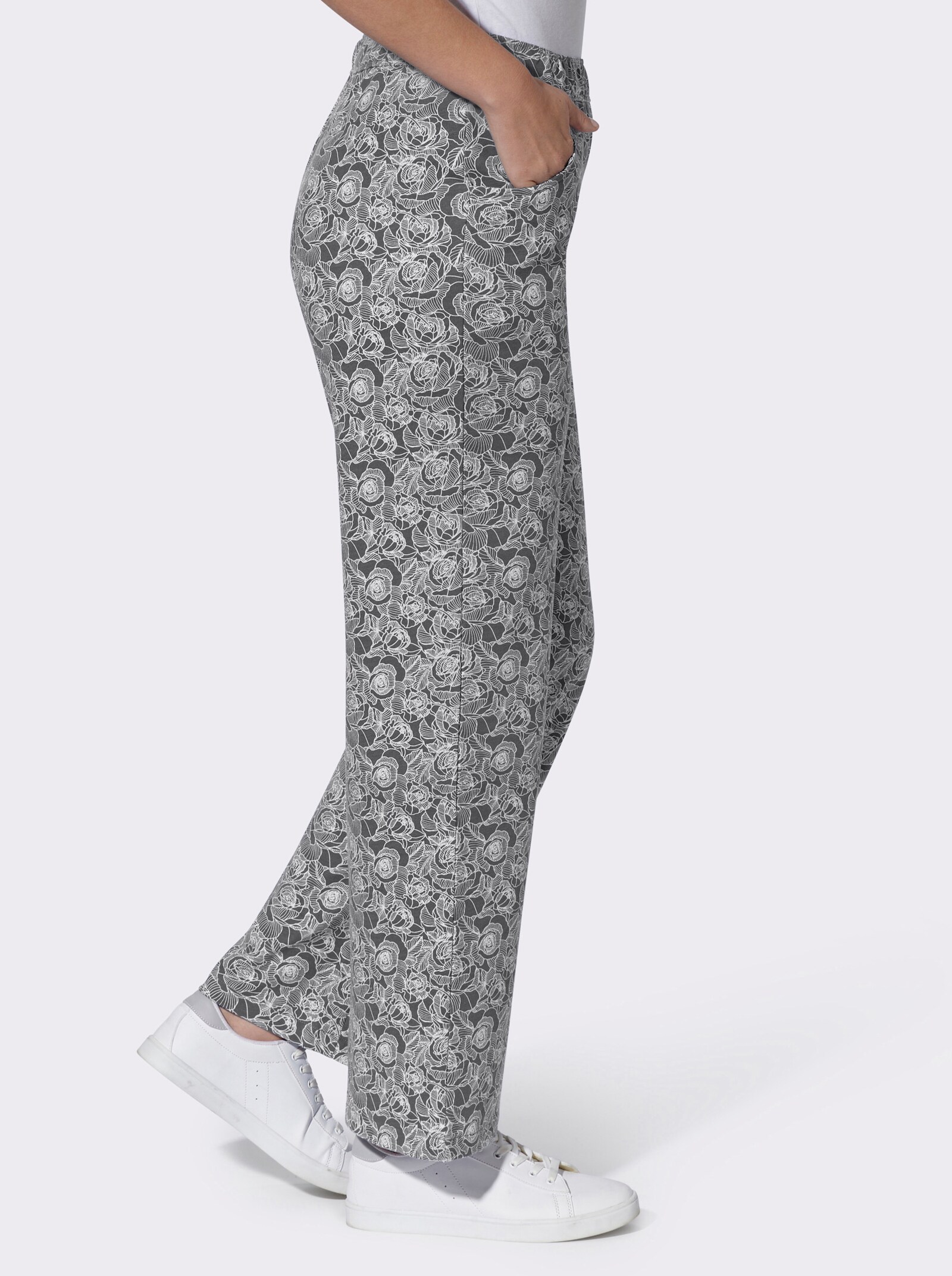 Freizeithose im floralen Dessin - anthrazit-ecru-bedruckt