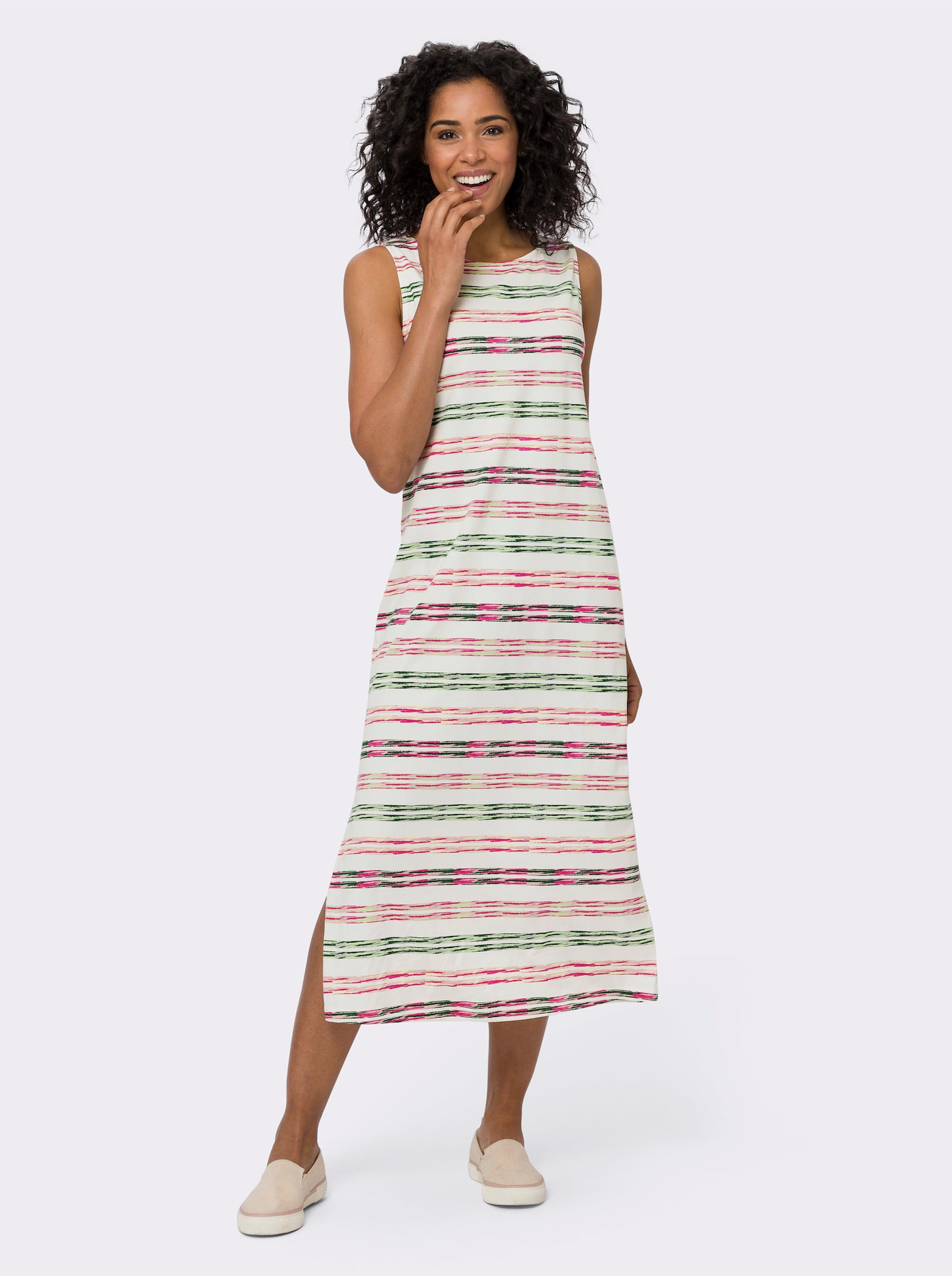 Jerseykleid in ärmelloser Schlupfform - ecru-fuchsia-bedruckt