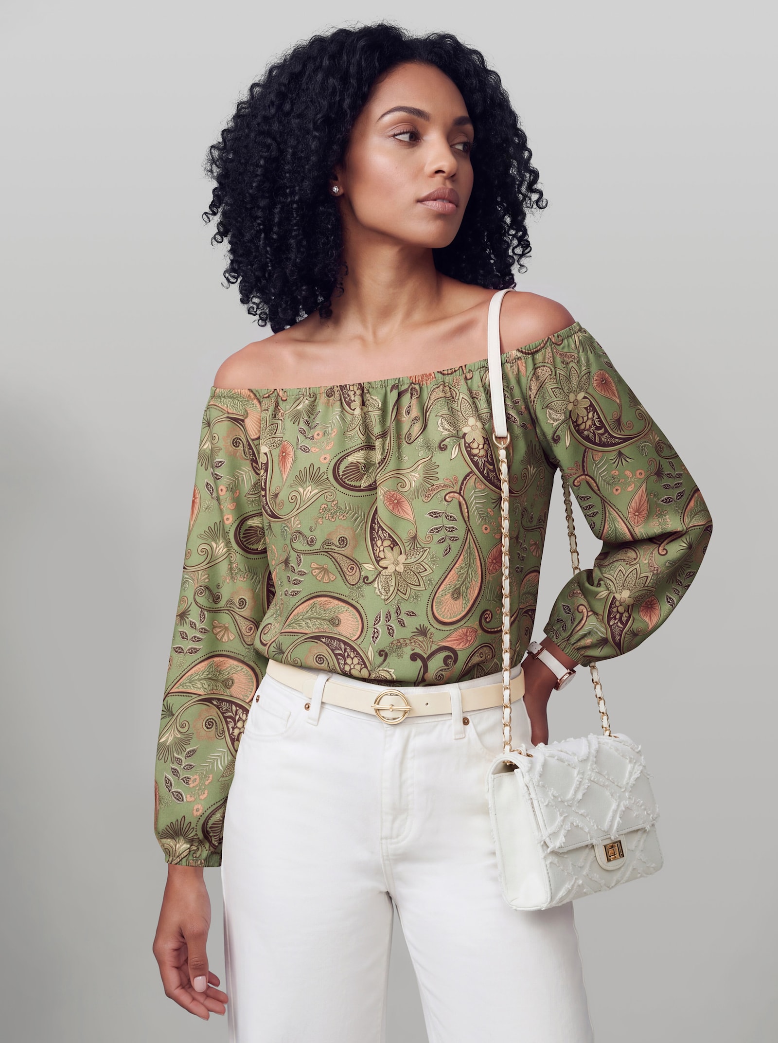 heine Druckbluse mit variablem Ausschnitt - oliv-papaya-bedruckt