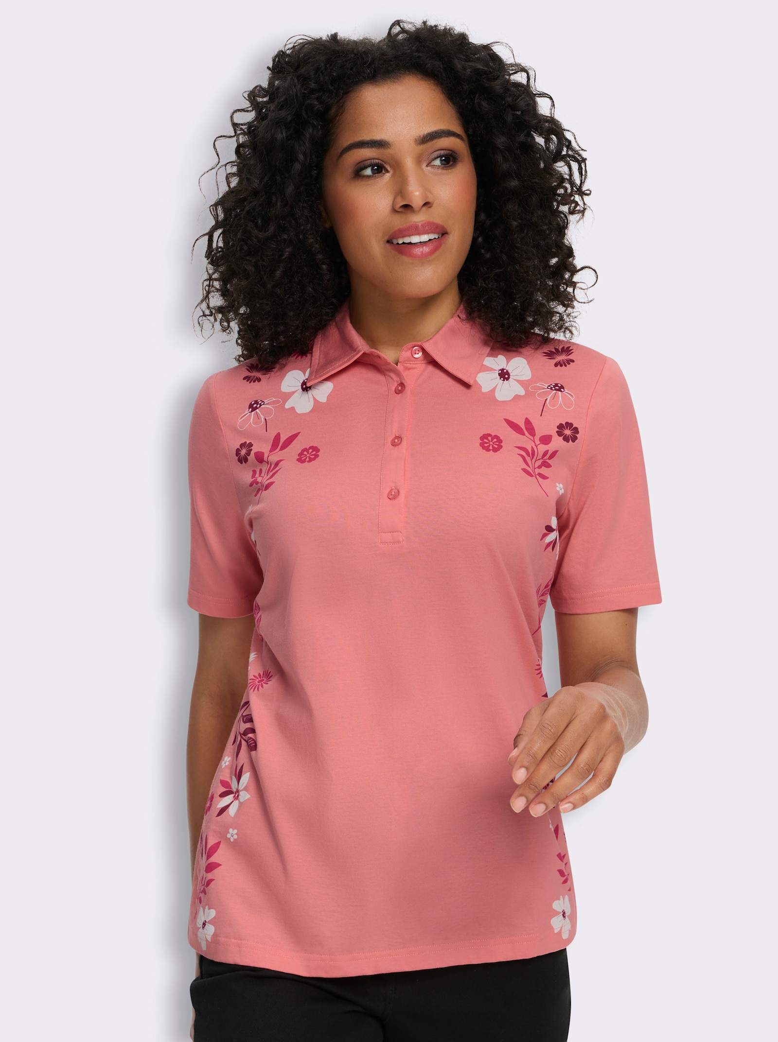 Poloshirt met bloemen- en bladerprint voor - flamingo/pink bedrukt