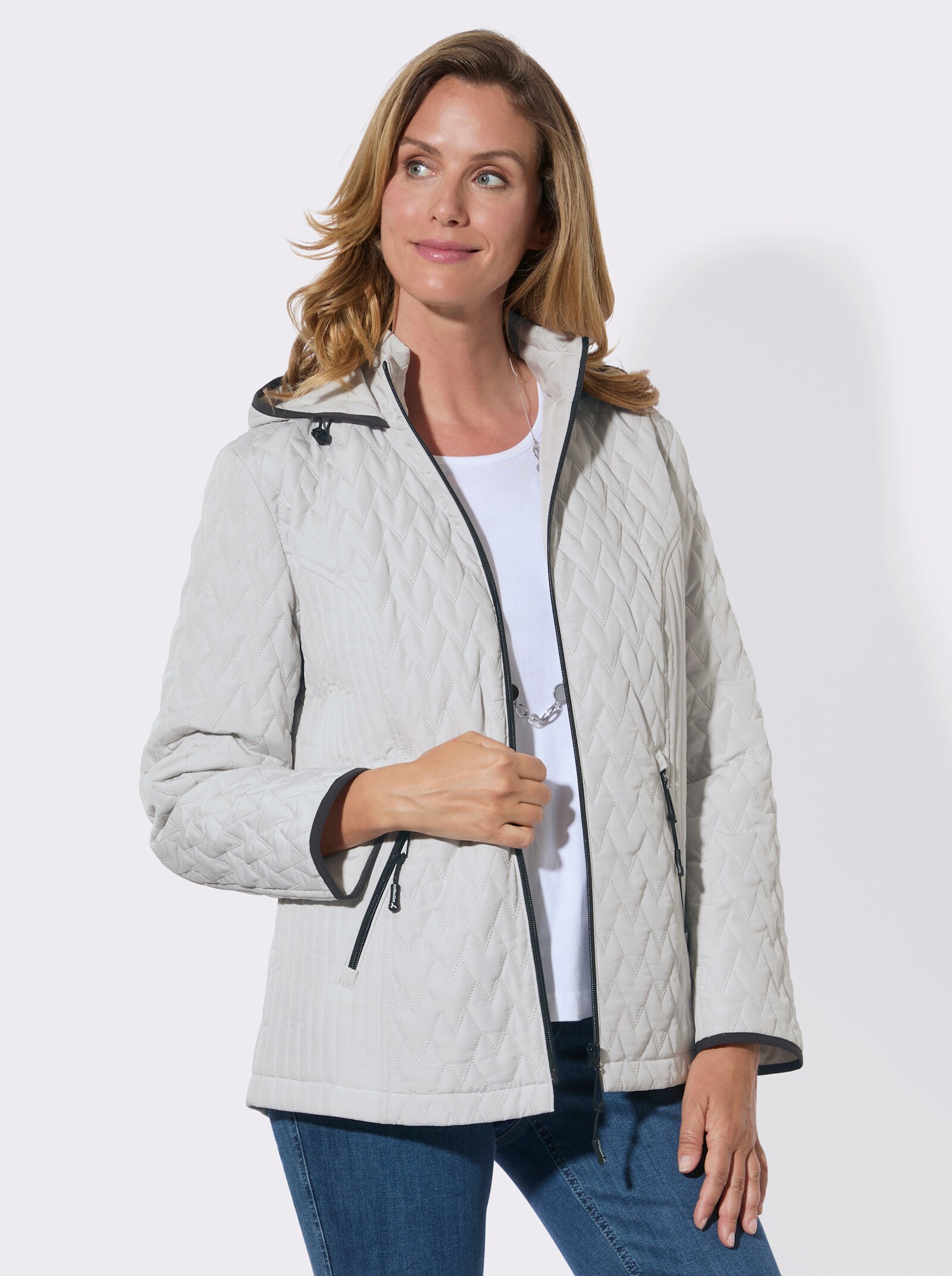 Steppjacke mit Kapuze und Stehkragen - hellgrau
