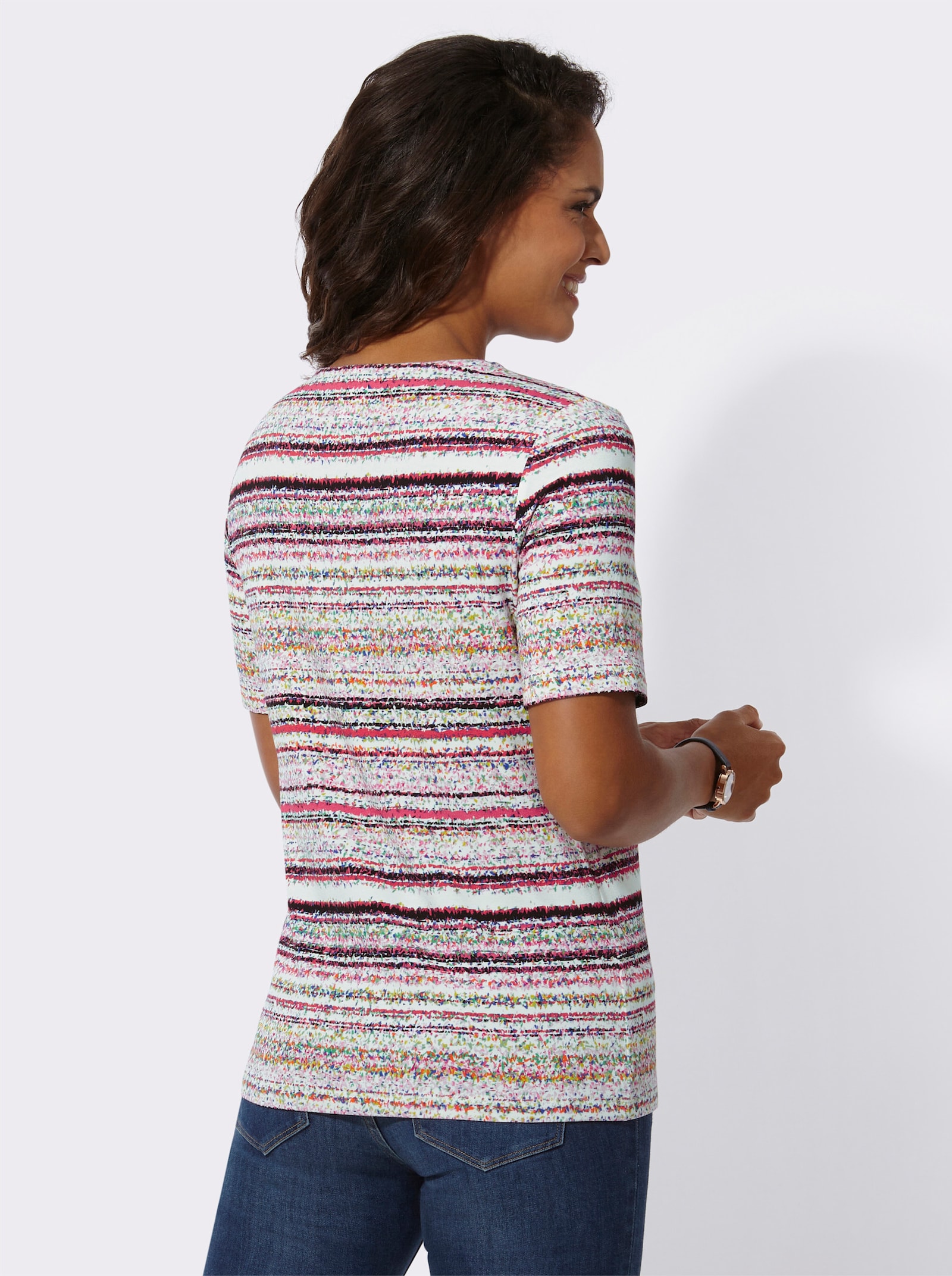 Kurzarmshirt mit Rundhals-Ausschnitt - fuchsia-ecru-bedruckt