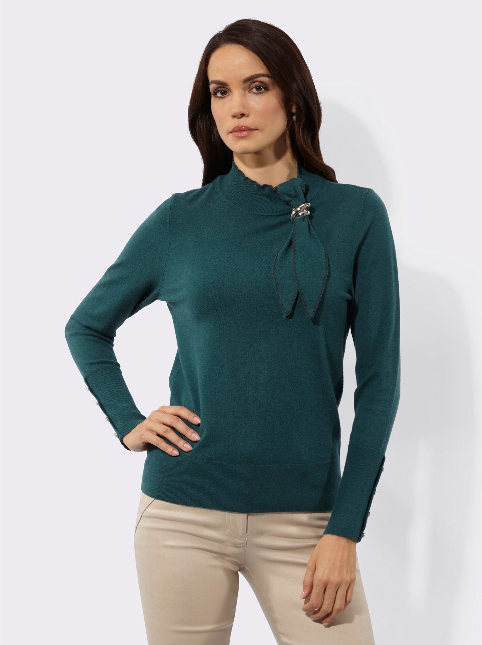 Stehkragenpullover mit modischer Schluppe - petrol