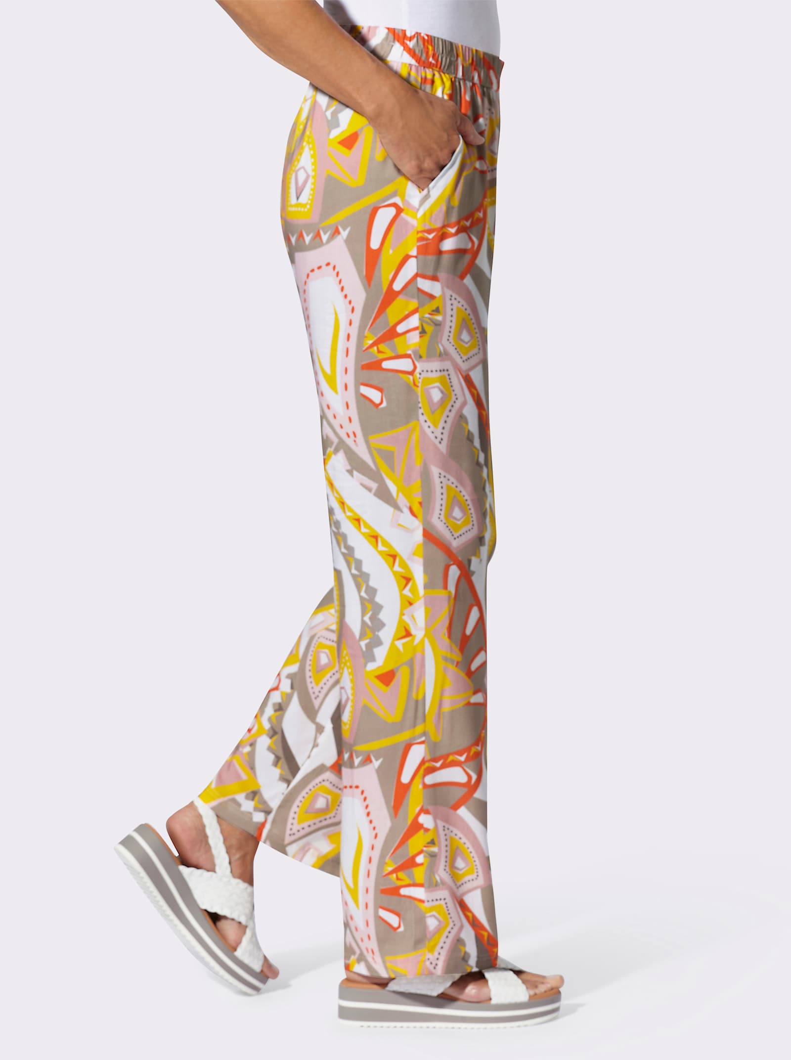 Schlupfhose in weiter Form - sonnengelb-ecru-bedruckt