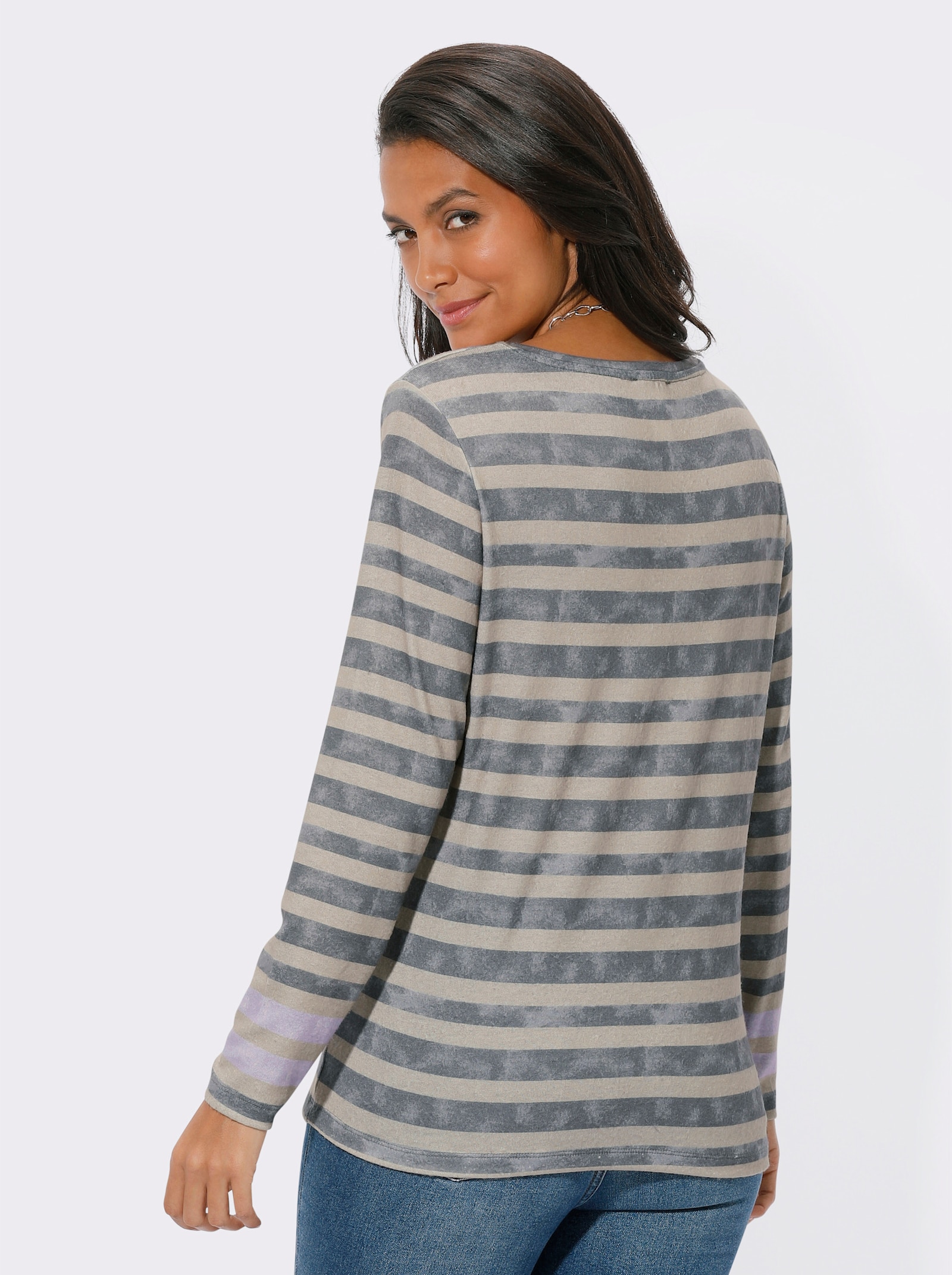 Ringelshirt mit leicht angerauter Aussenseite - beige-grau-geringelt