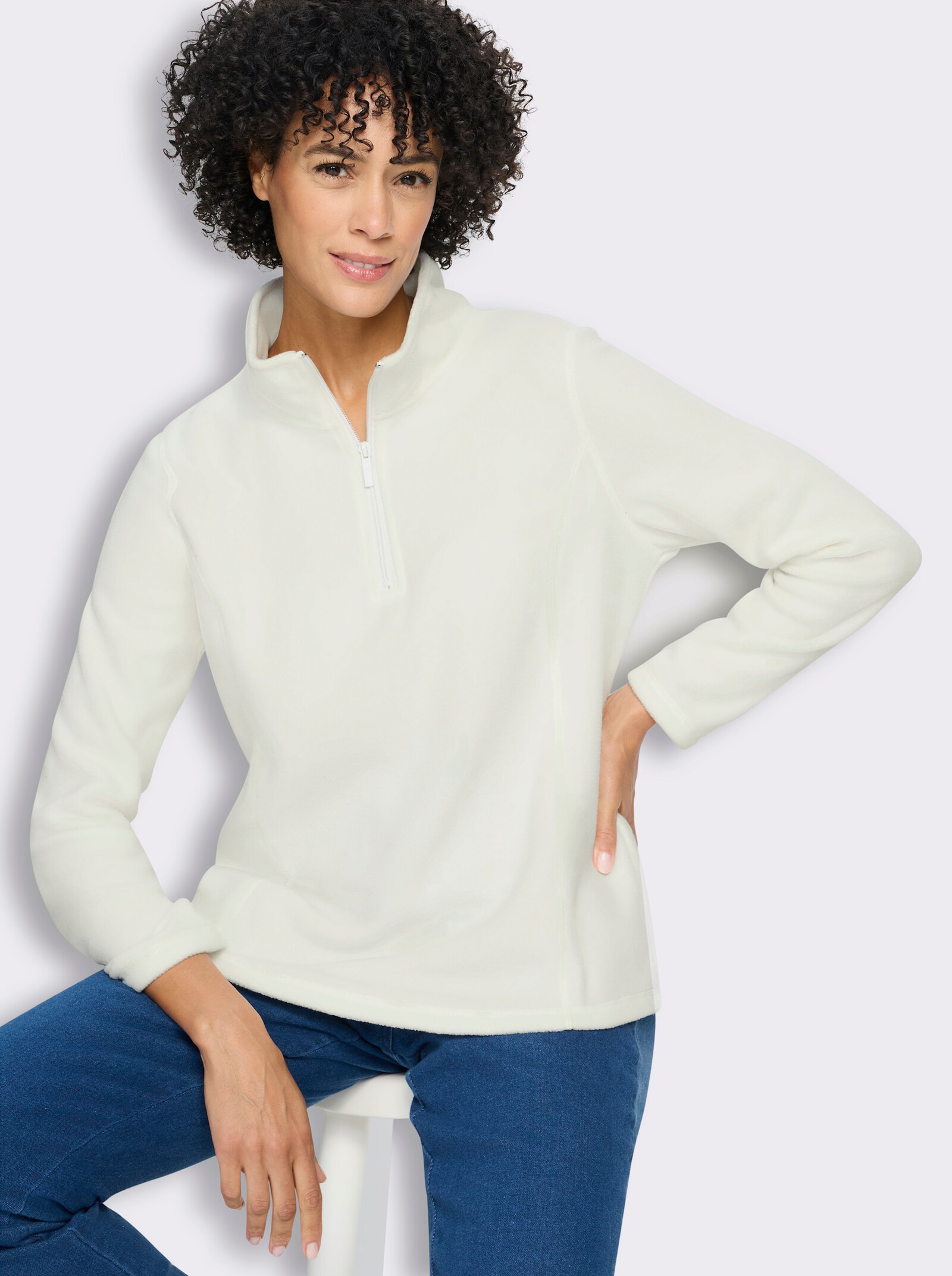 Fleeceshirt mit Stehkragen - ecru