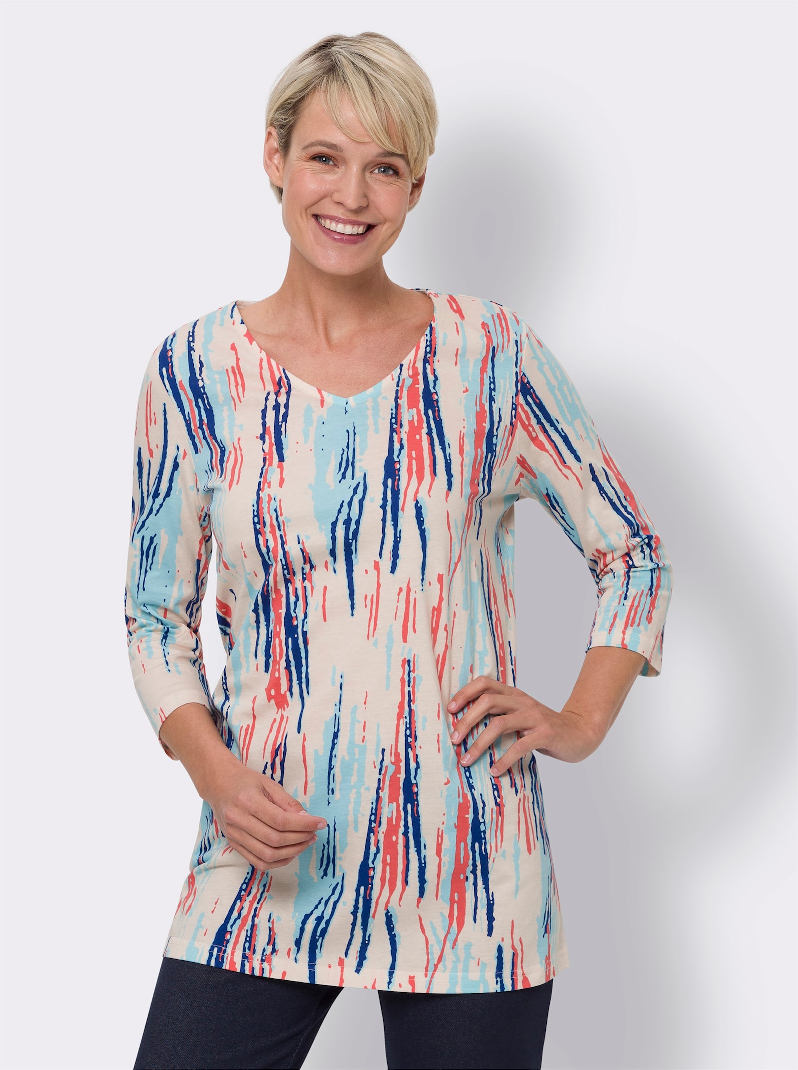 Longshirt mit 3/4-Ärmeln - royalblau-koralle-bedruckt