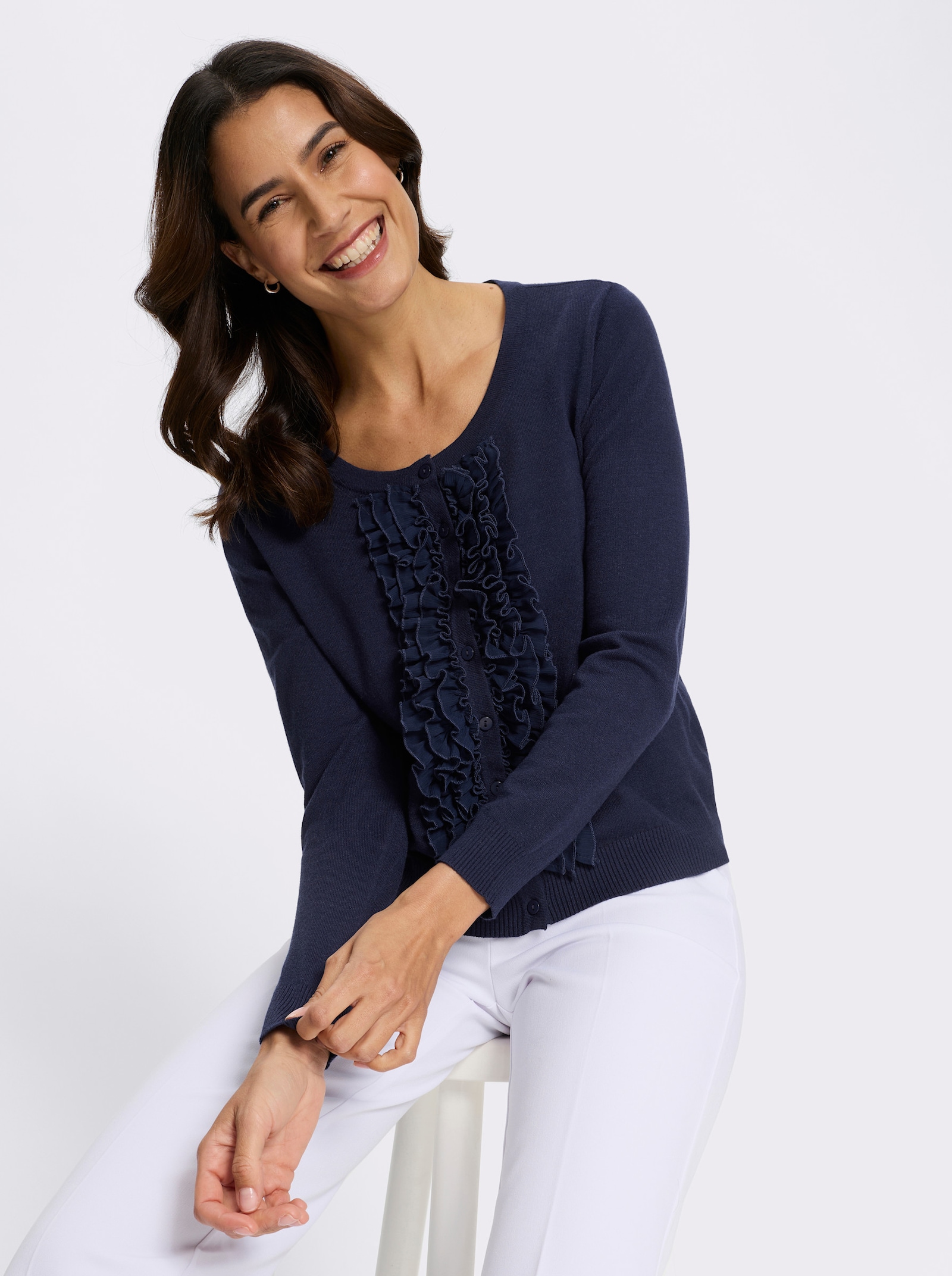 Strickjacke mit Rüschen - marine