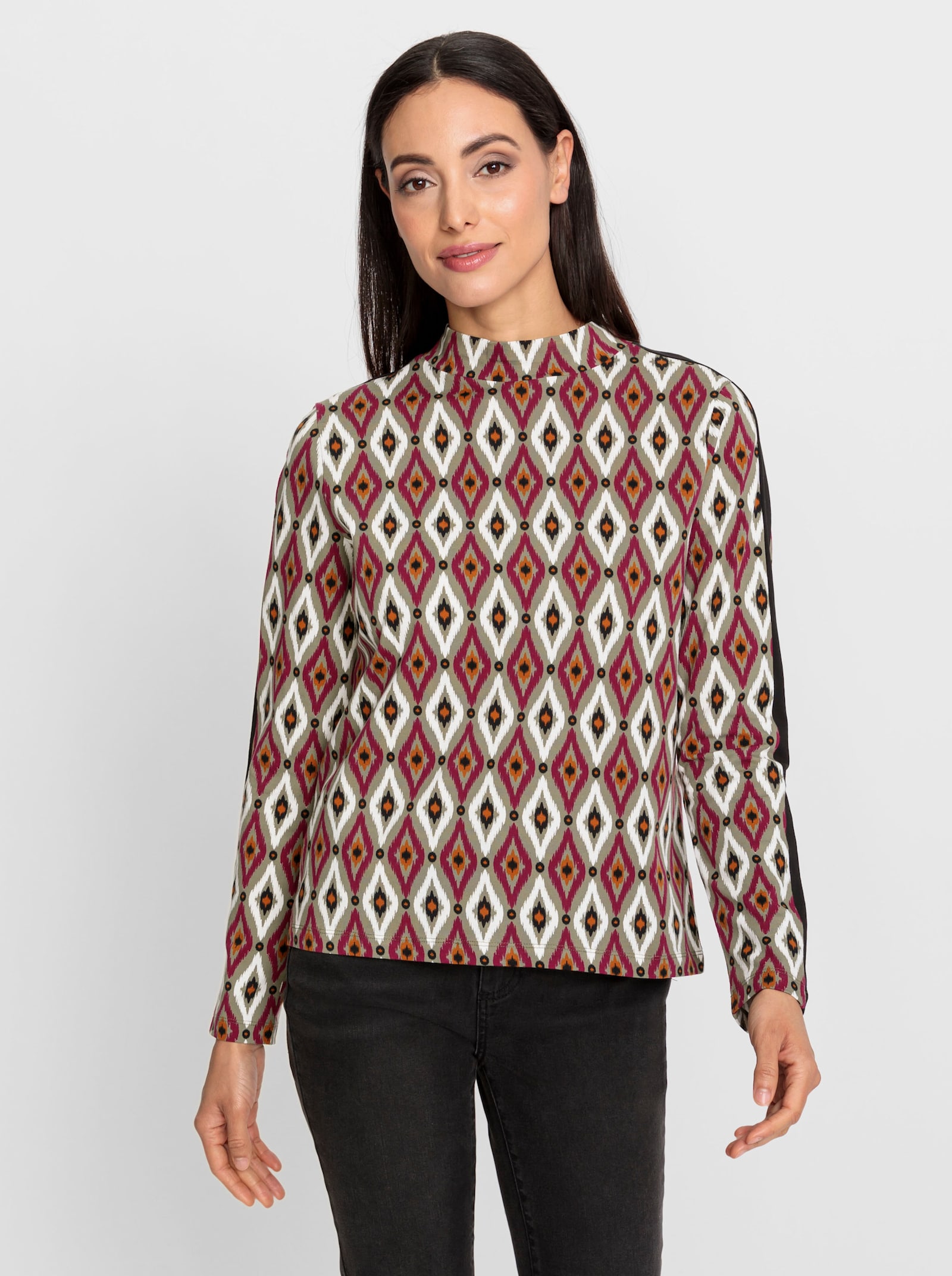 heine Stehkragenshirt mit Kontraststreifen - khaki-bordeaux-bedruckt