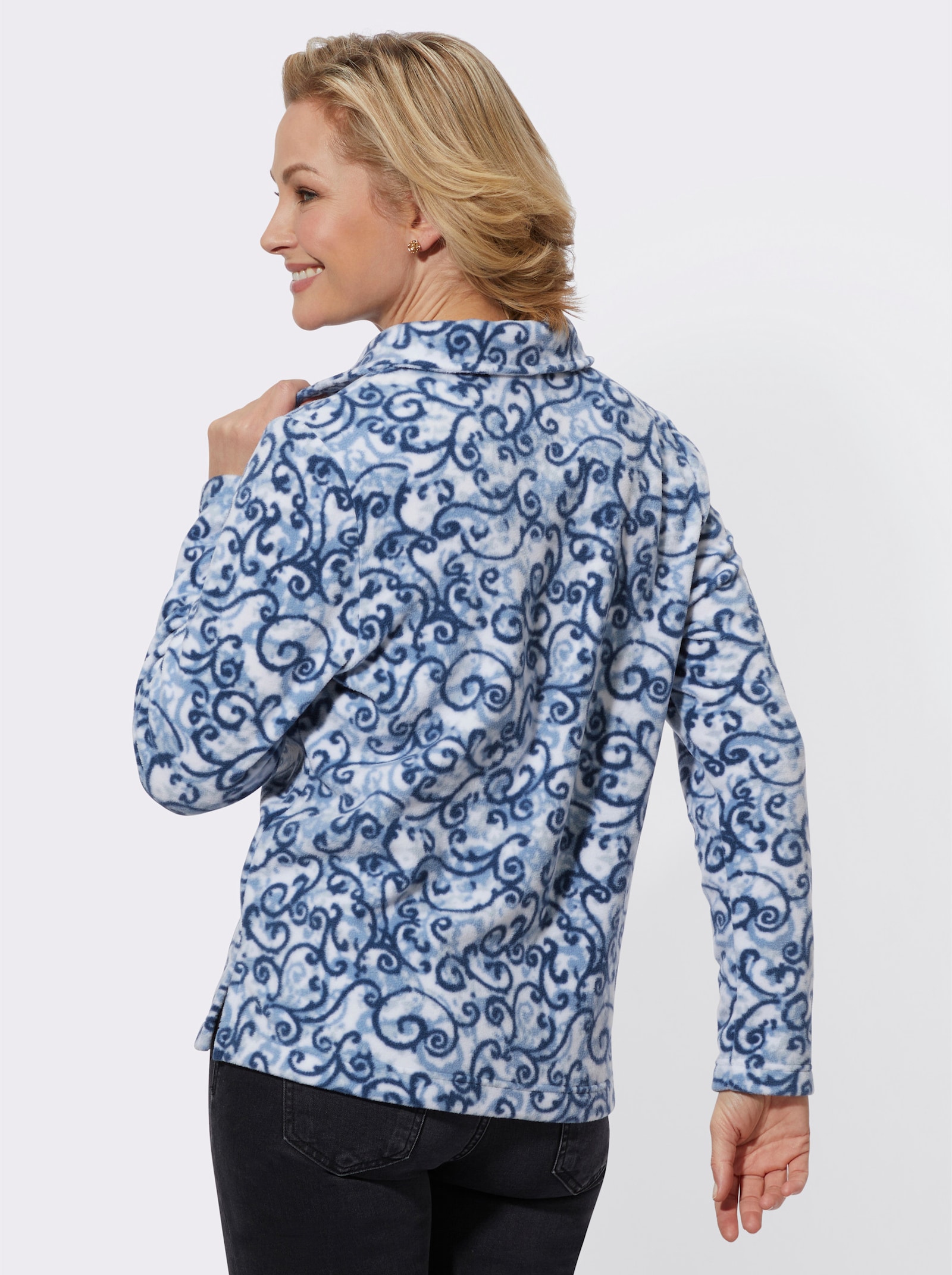 Fleecové tričko s ležatým límcem - modrá-džínová modrá-potisk