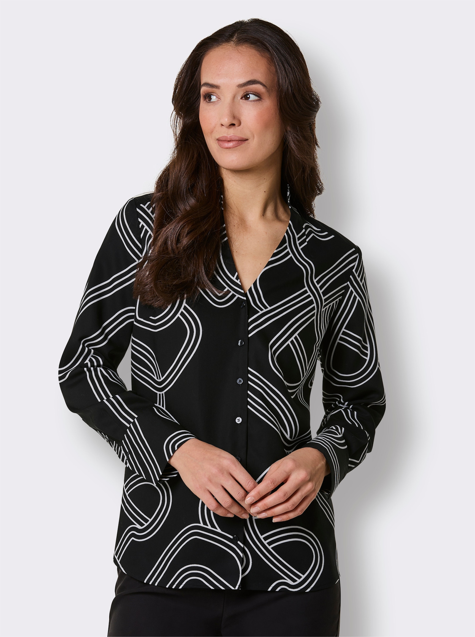 CREATION L PREMIUM Druckbluse mit Manschetten - schwarz-ecru-bedruckt