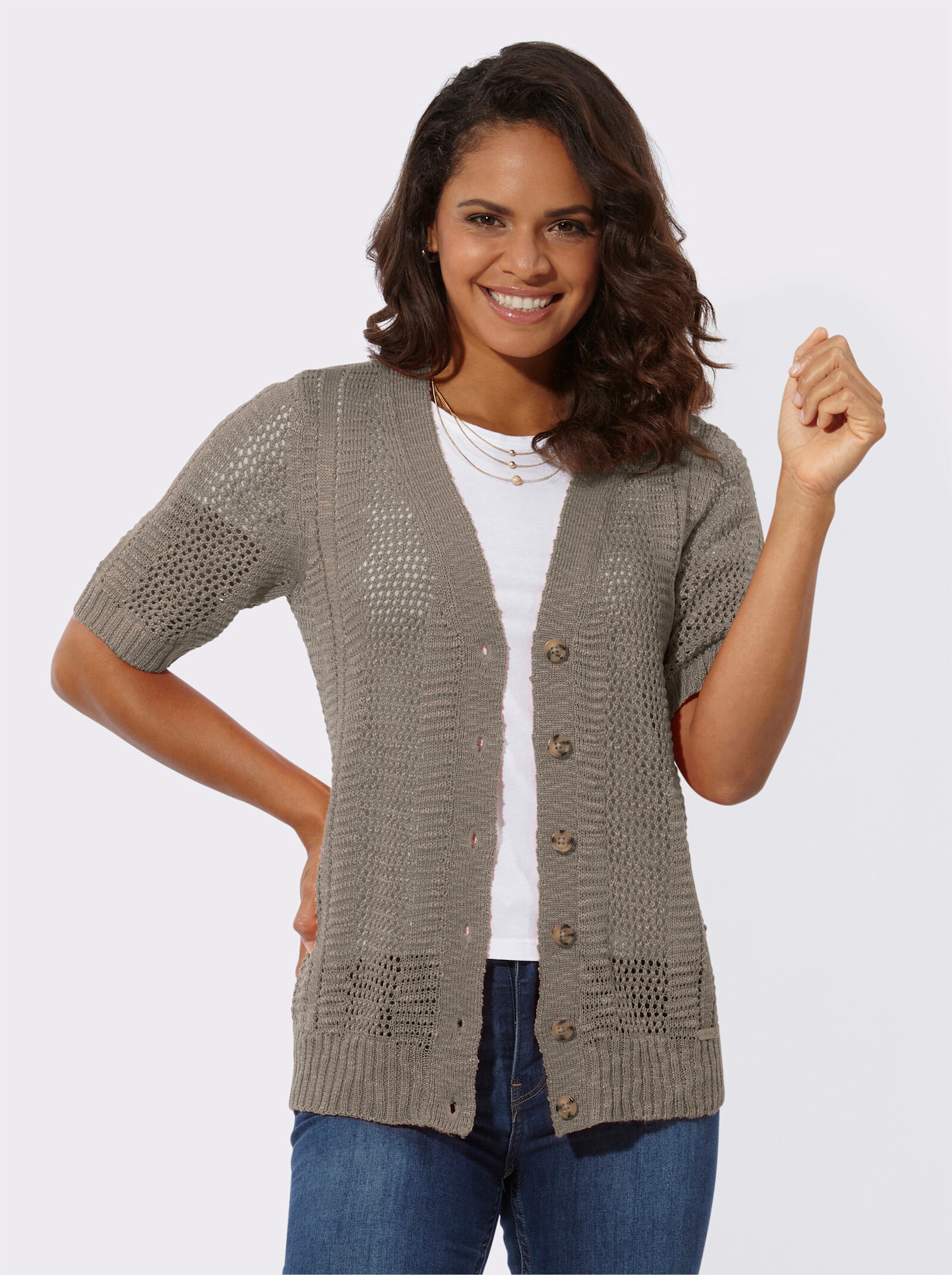 Ajourstrickjacke mit kurzen Ärmeln - taupe
