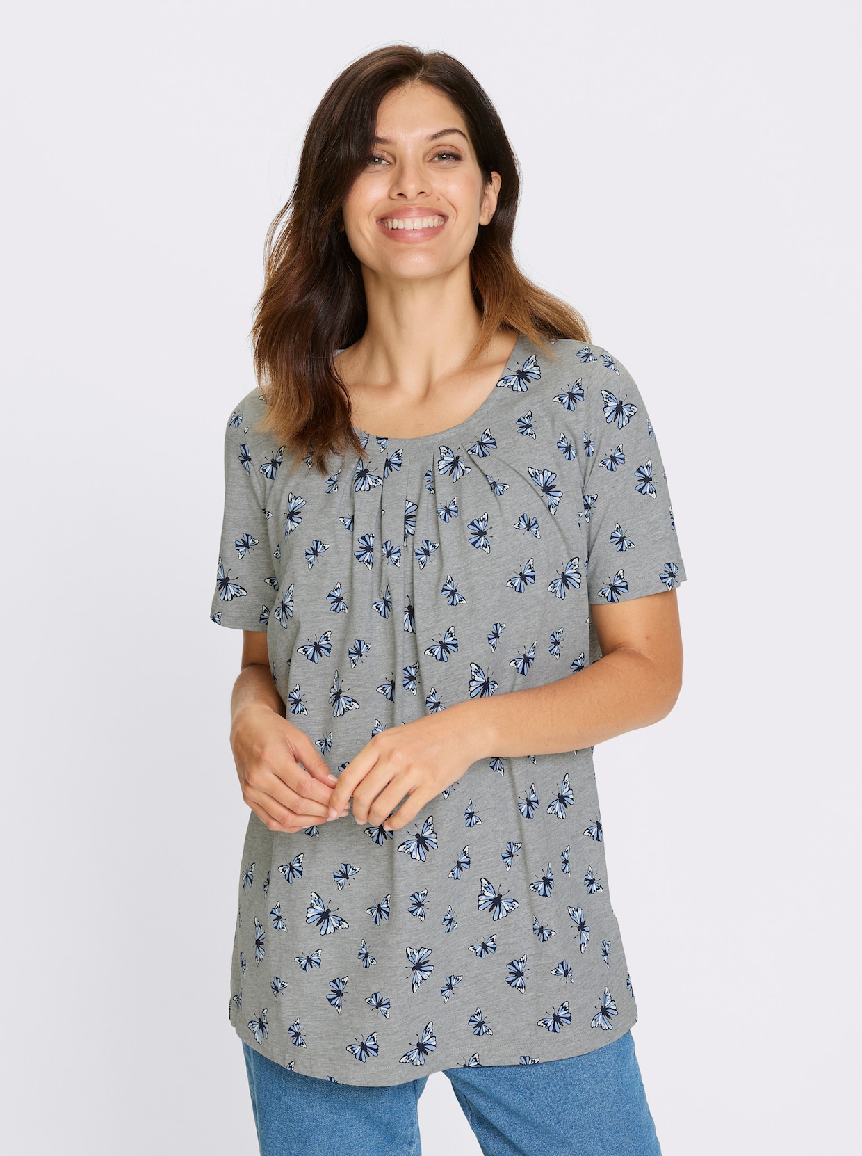 Longshirt - grau-meliert-marine-bedruckt
