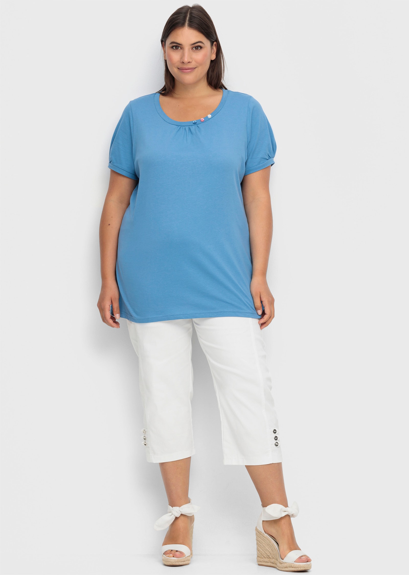 Longshirt mit gerafftem Ausschnitt - mittelblau