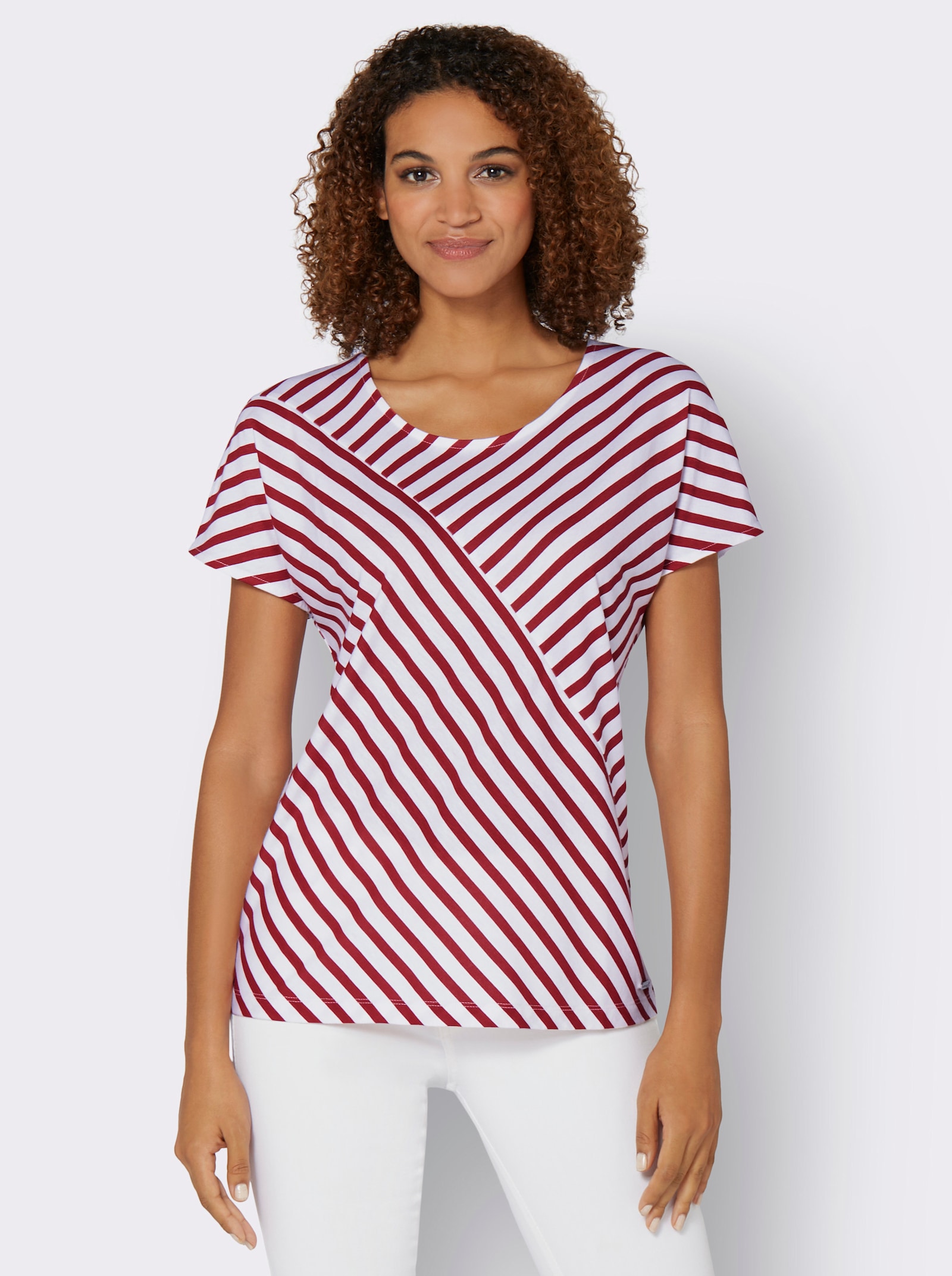 Gestreept shirt met oversized schouders - kers/wit gestreept