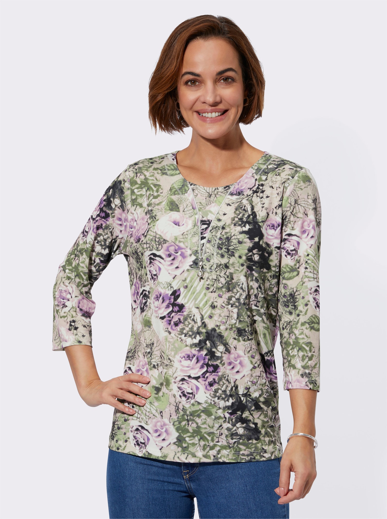 2-in-1-Shirt mit Zierreißverschluss - rosé-schilf-bedruckt