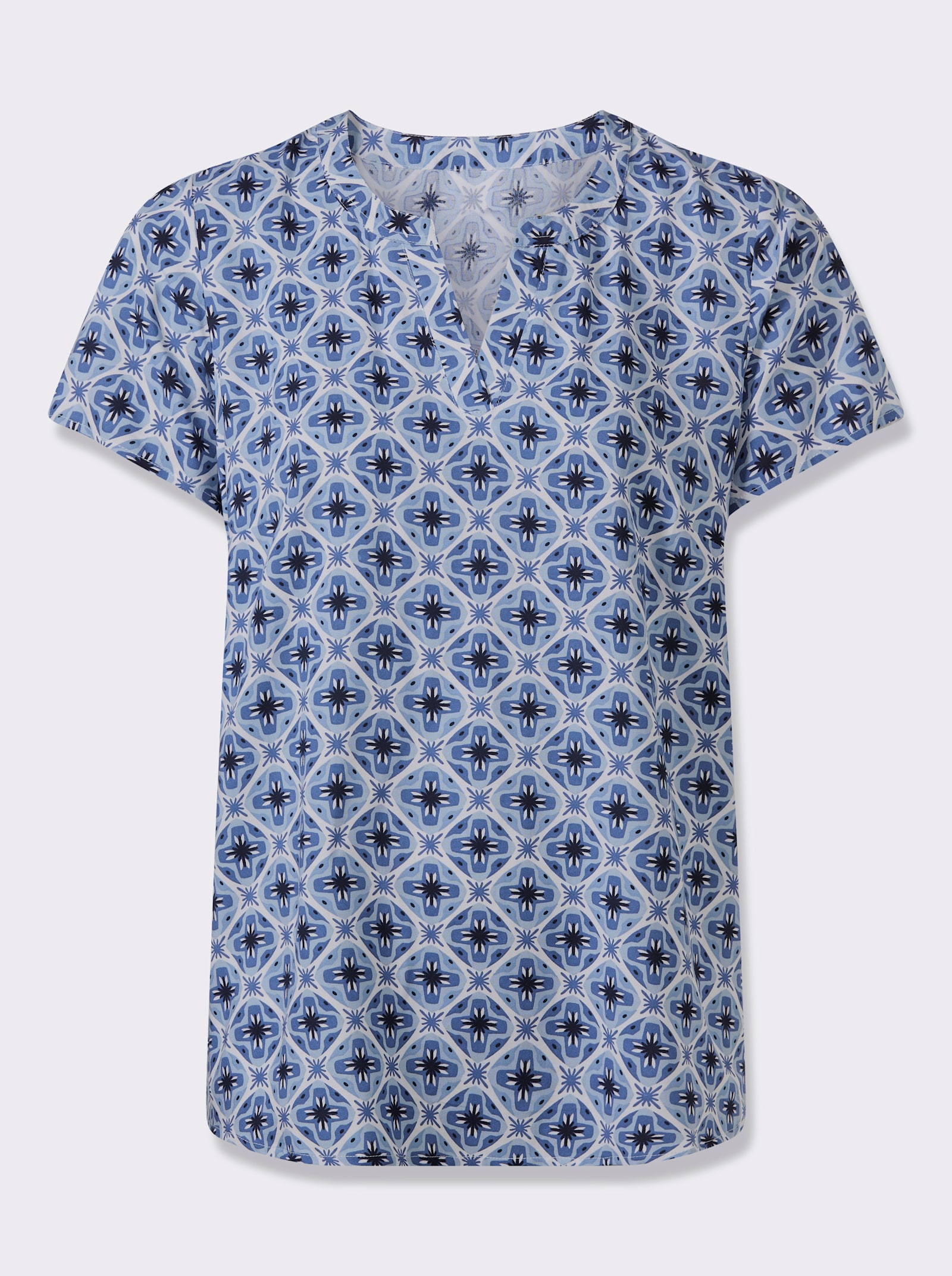 Schlupfbluse mit leicht abgerundetem Saum - jeansblau-ecru-bedruckt