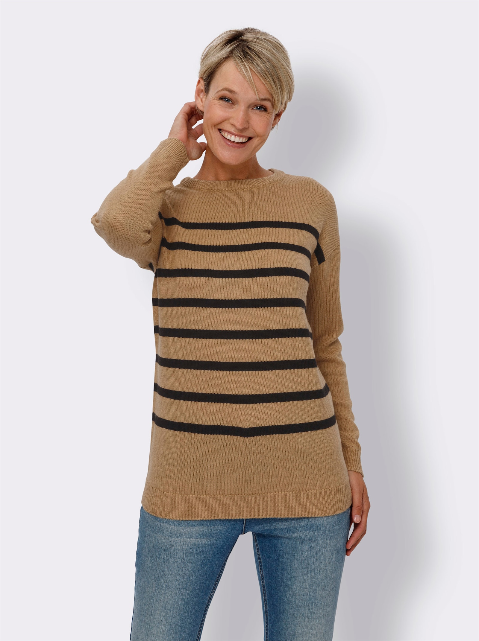 Strickpullover im Ringel-Dessin - camel-schwarz-geringelt