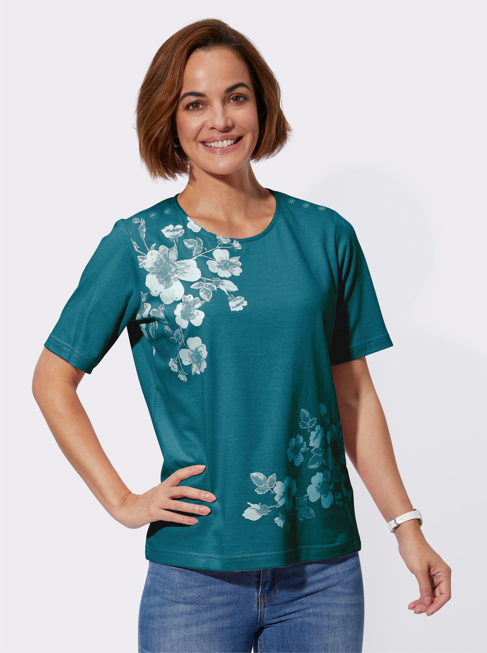 Rundhalsshirt mit Zierknöpfen auf den Schultern - aquapetrol-bedruckt