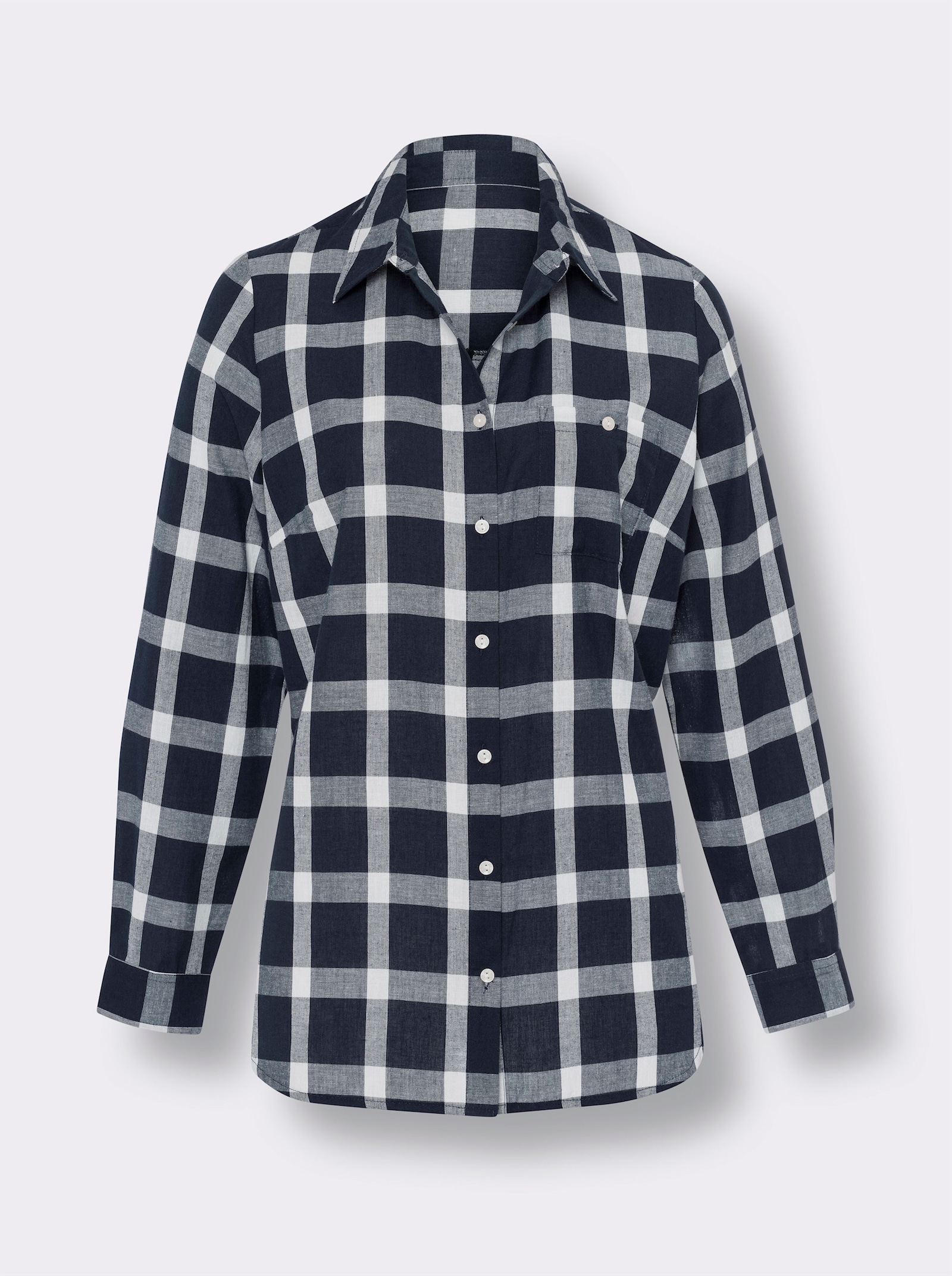 Longbluse mit gerundetem Saum - marine-ecru-kariert