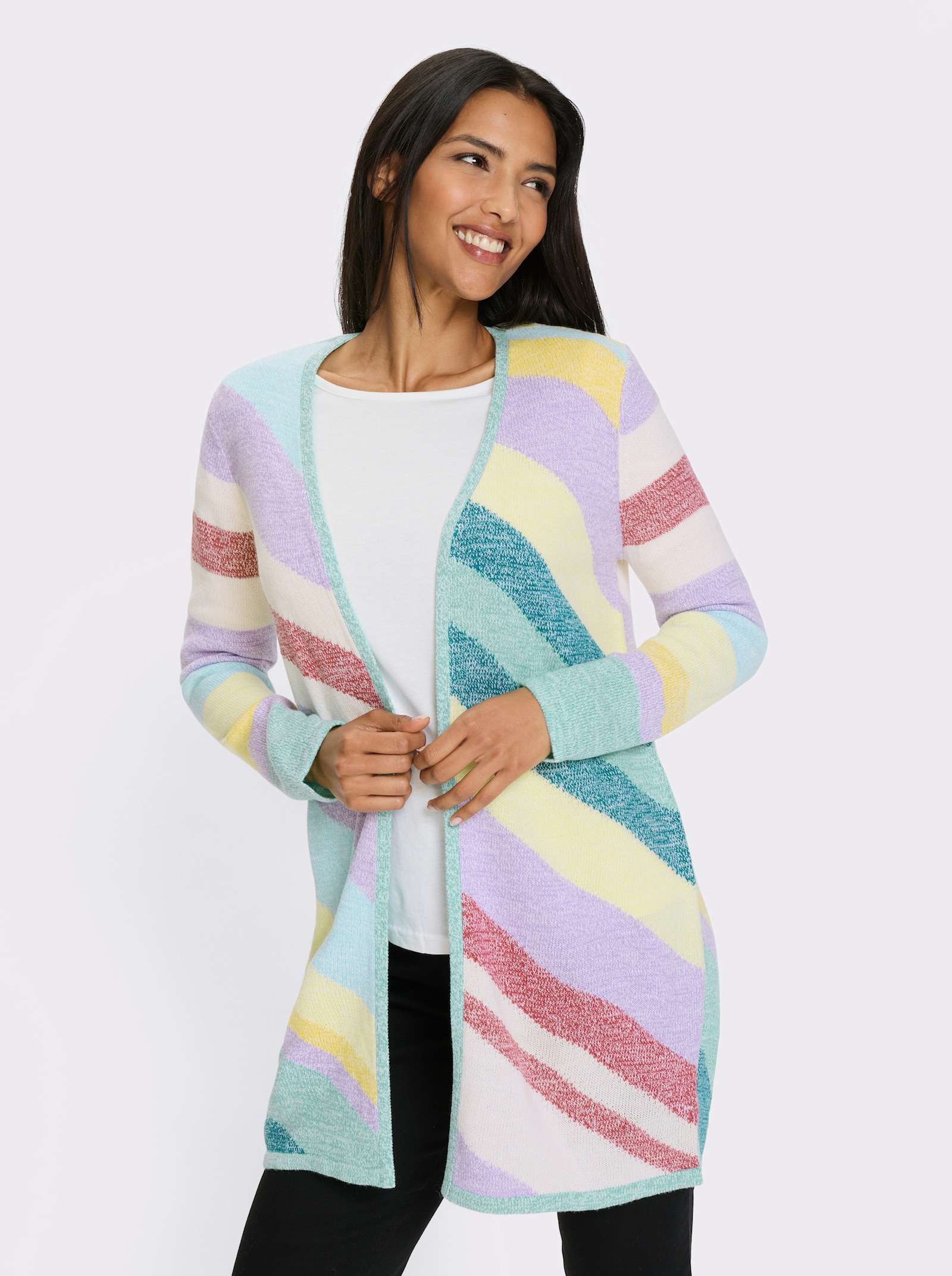 Pletený kabátek dlouhého, otevřeného střihu - modrozelená-levandulová-vzor