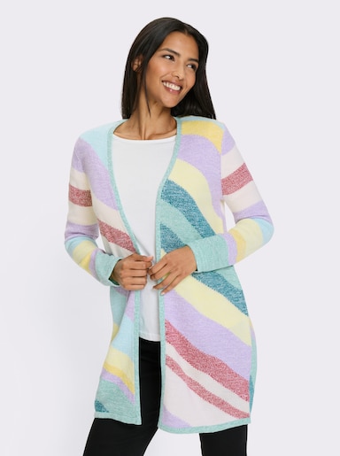 Strickjacke in langer, offener Form - blaugrün-lavendel-gemustert