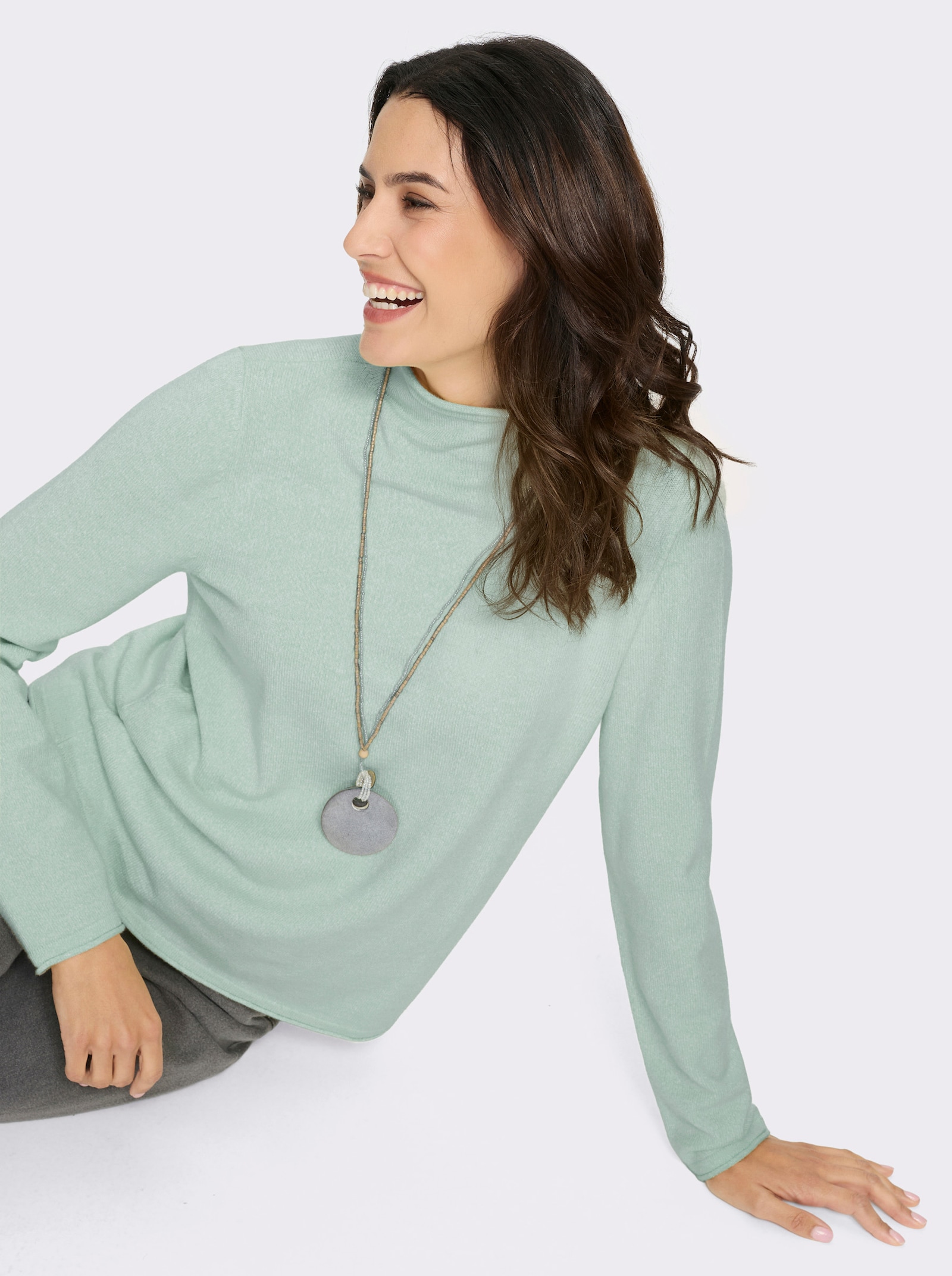  Feinstrickpullover mit Kelchkragen - kalkmint-meliert