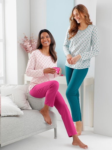 wäschepur Schlafanzüge mit Punkte-Dessin - ecru-fuchsia + ecru-aquapetrol