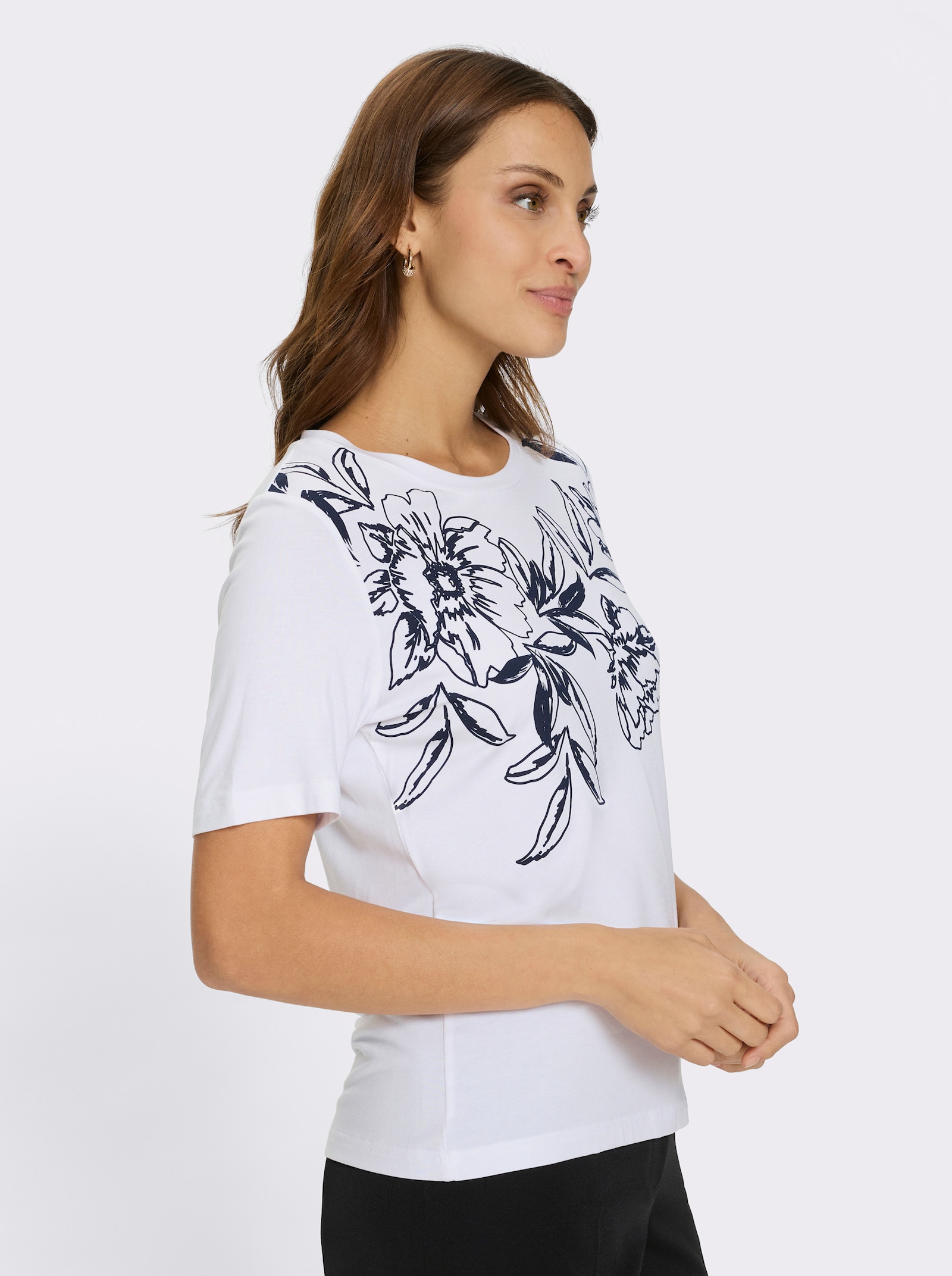 Kortärmad topp med blomtryck - vit-marin, tryckt