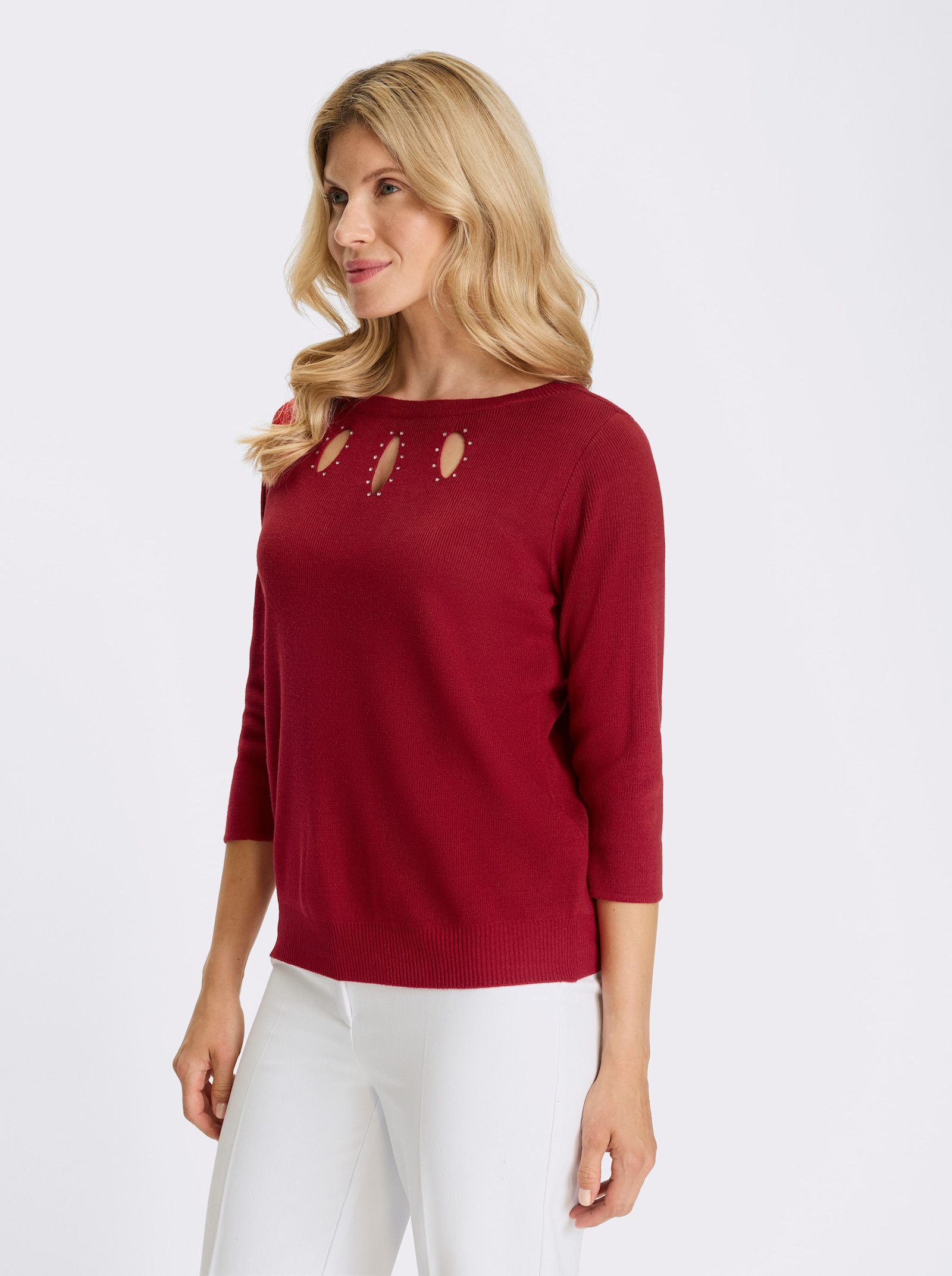 3/4 Arm-Pullover mit Glitzersteinchen - rot