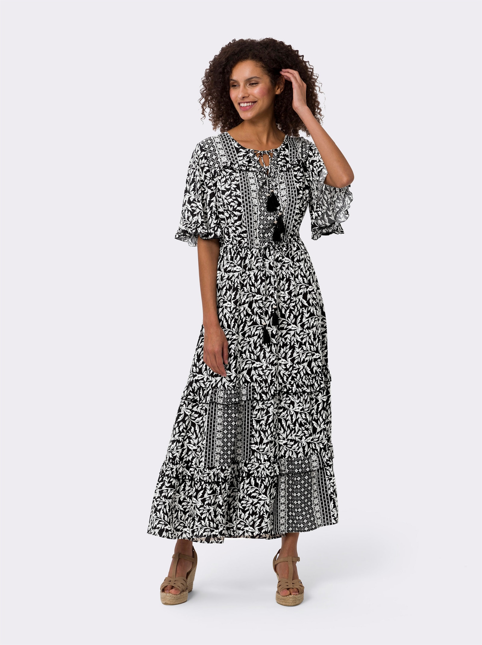 heine Druckkleid mit Volant, geblümt - schwarz-beige-bedruckt