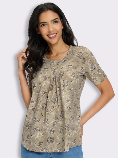 Kurzarmshirt mit Faltenpartie vorne - taupe-beige-bedruckt