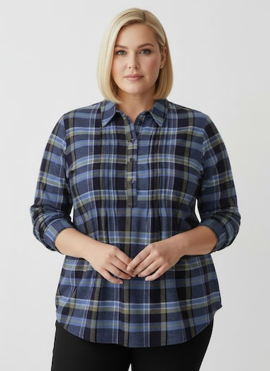 Flanellbluse mit Biesen-Verzierung - marine-schilf-kariert