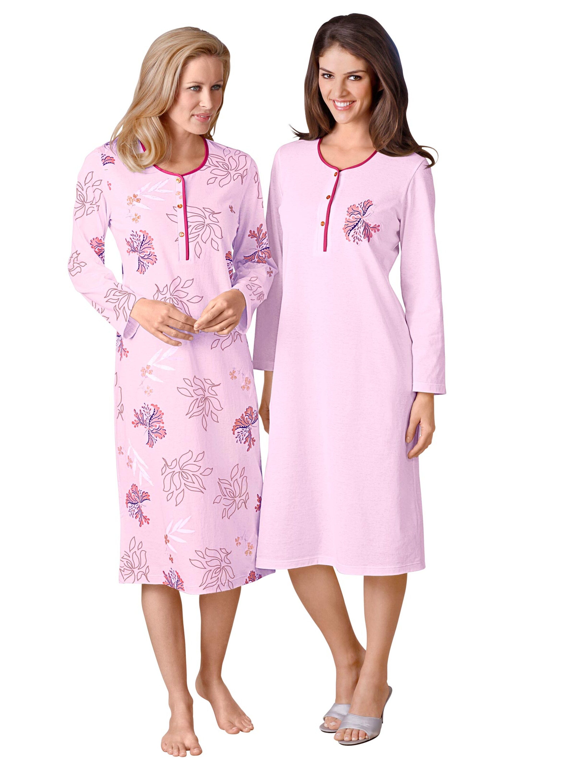 Langarm-Nachthemden - rosé + rosé-bedruckt