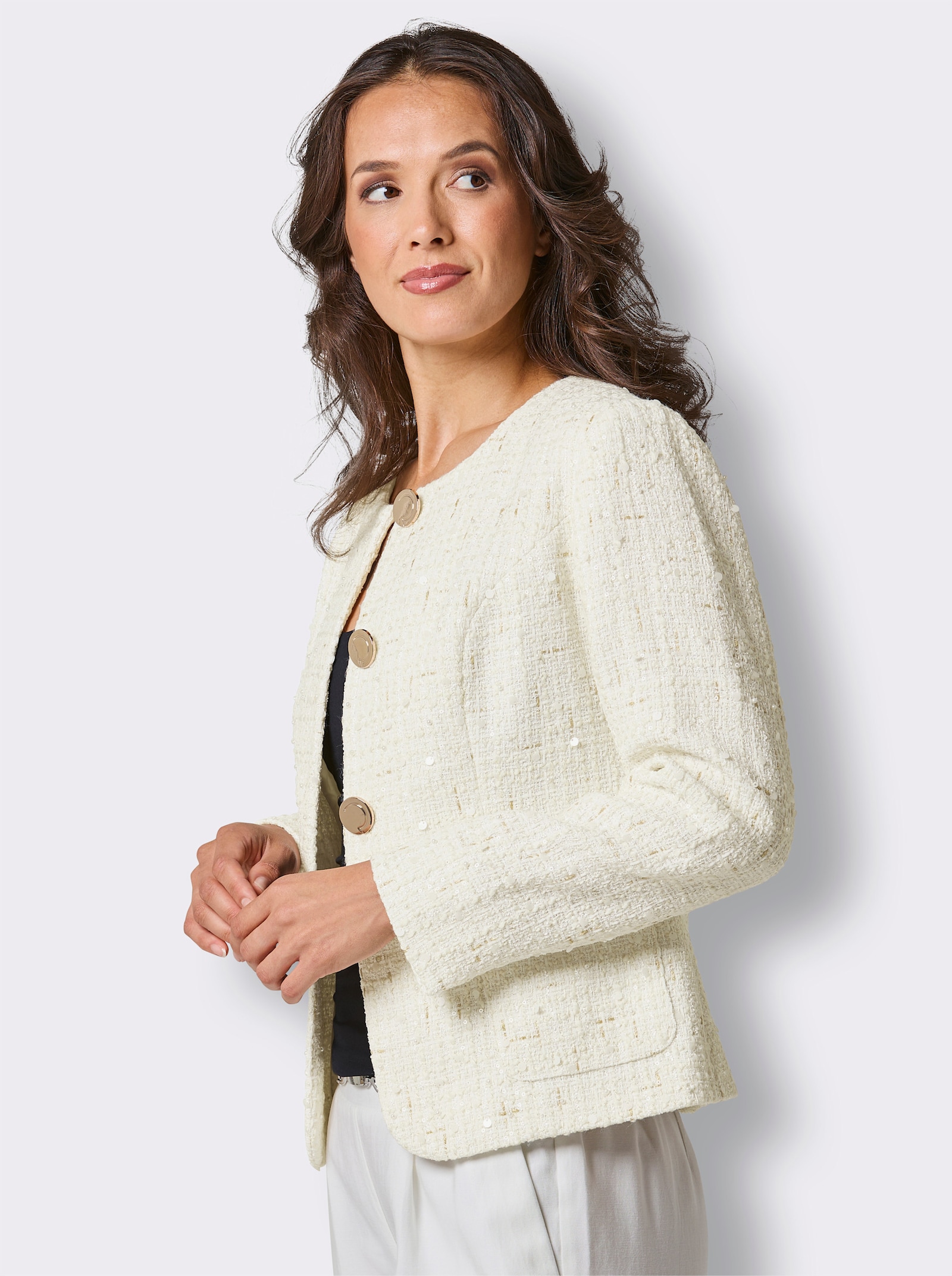 CREATION L PREMIUM Woll-Mix-Bouclé-Blazer mit Zierperlen und Pailletten - ecru