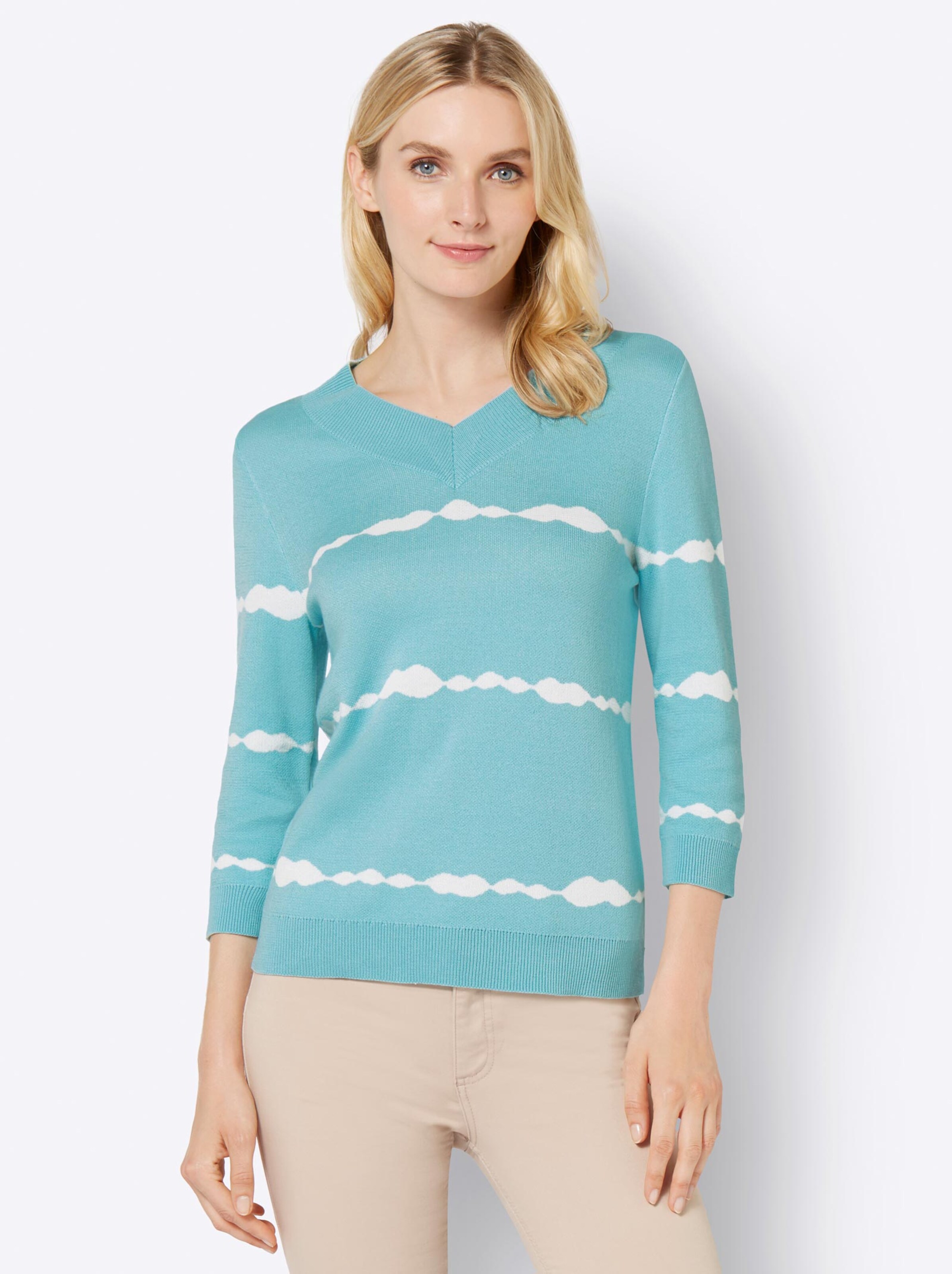 Damenmode Pullover Langarm-Pullover in aquamarin-ecru-bedruckt Damenmode Pullover Langarm-Pullover in aquamarin-ecru-bedruckt