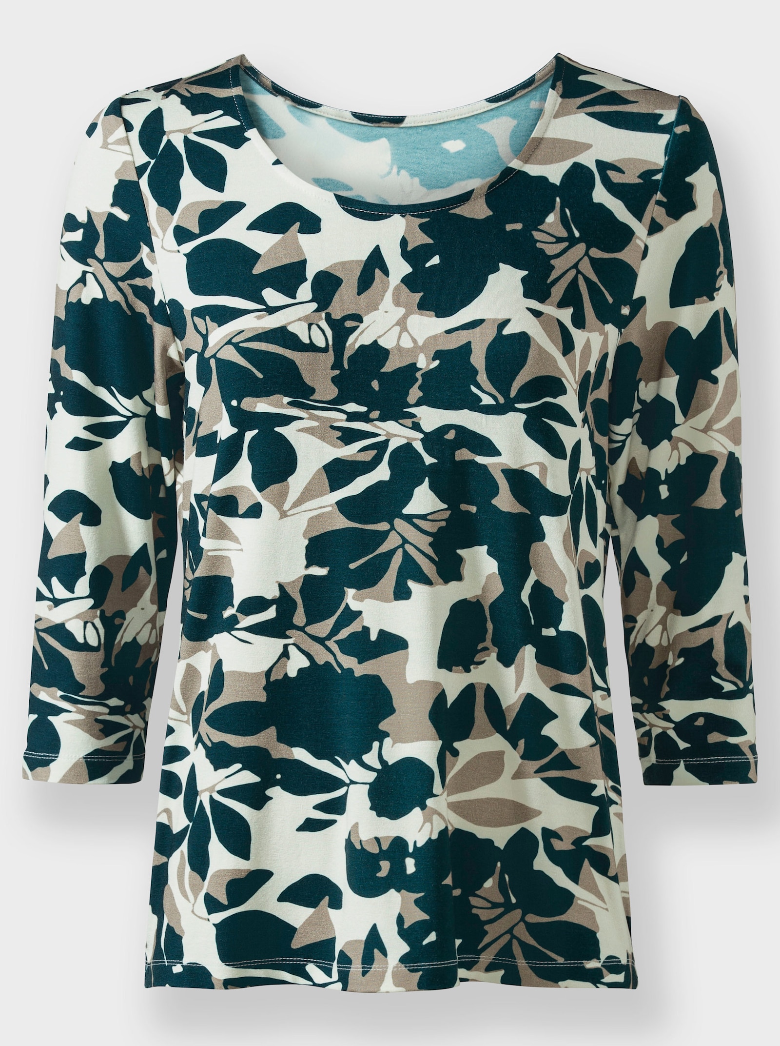 Print-Shirt mit tiefem Rundhals-Ausschnitt - champagner-petrol-bedruckt