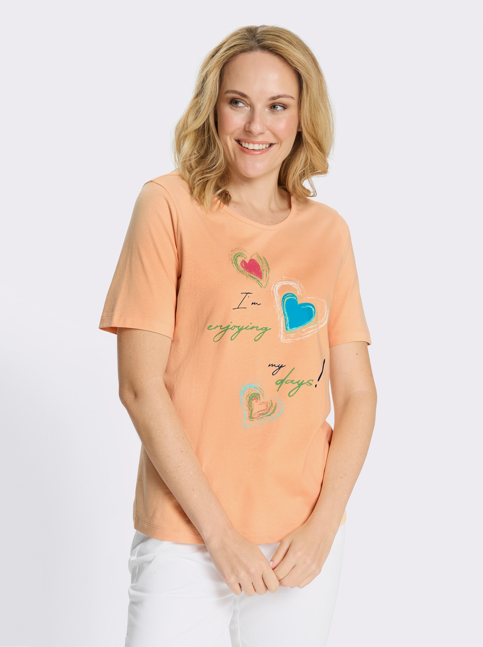 Kurzarmshirt mit platziertem Herz-Print - apricot-reseda