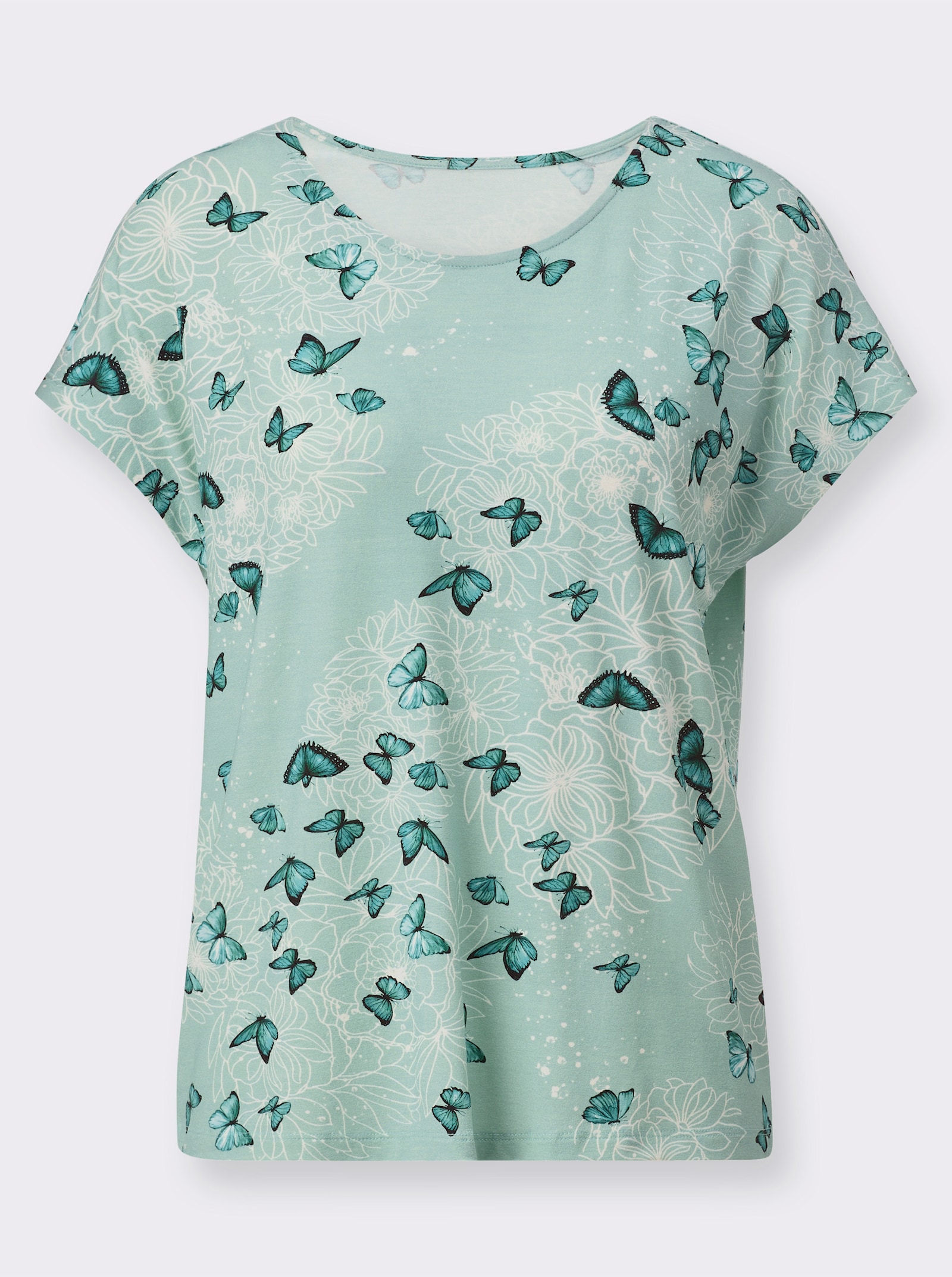 Rundhalsshirt mit Schmetterlings-Dessin - kalkmint-salbei-bedruckt
